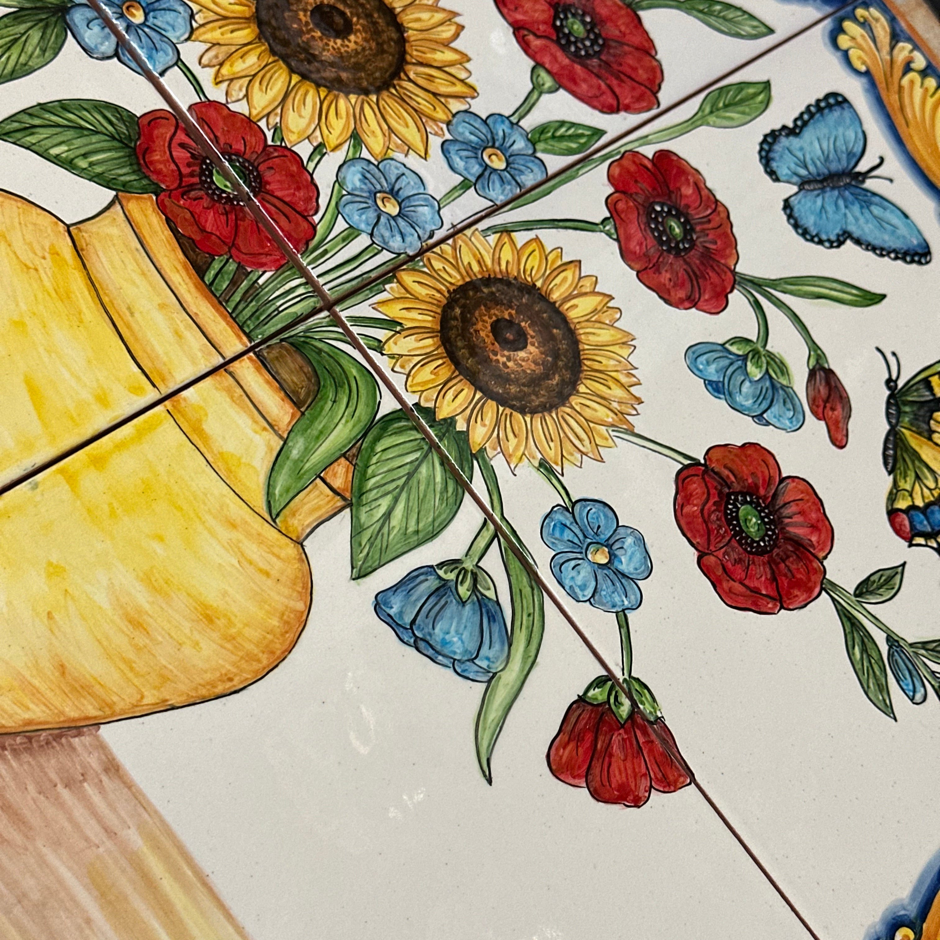 Mosaico Pannello Vaso di Fiori Ceramica Caltagirone cm 60x60 Piastrelle decorate a mano - MAIOLICHE