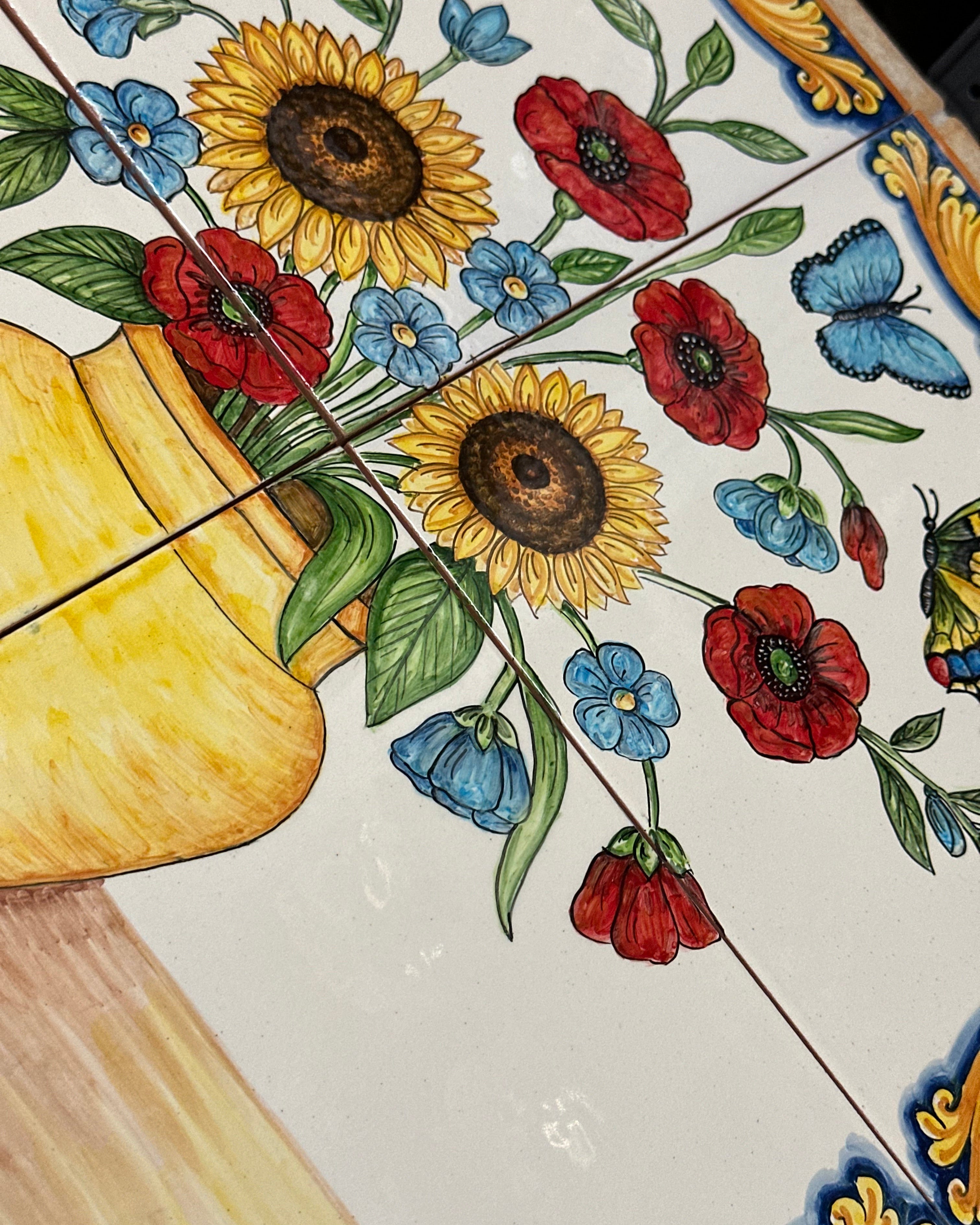 Mosaico Pannello Vaso di Fiori Ceramica Caltagirone cm 60x60 Piastrelle decorate a mano - MAIOLICHE