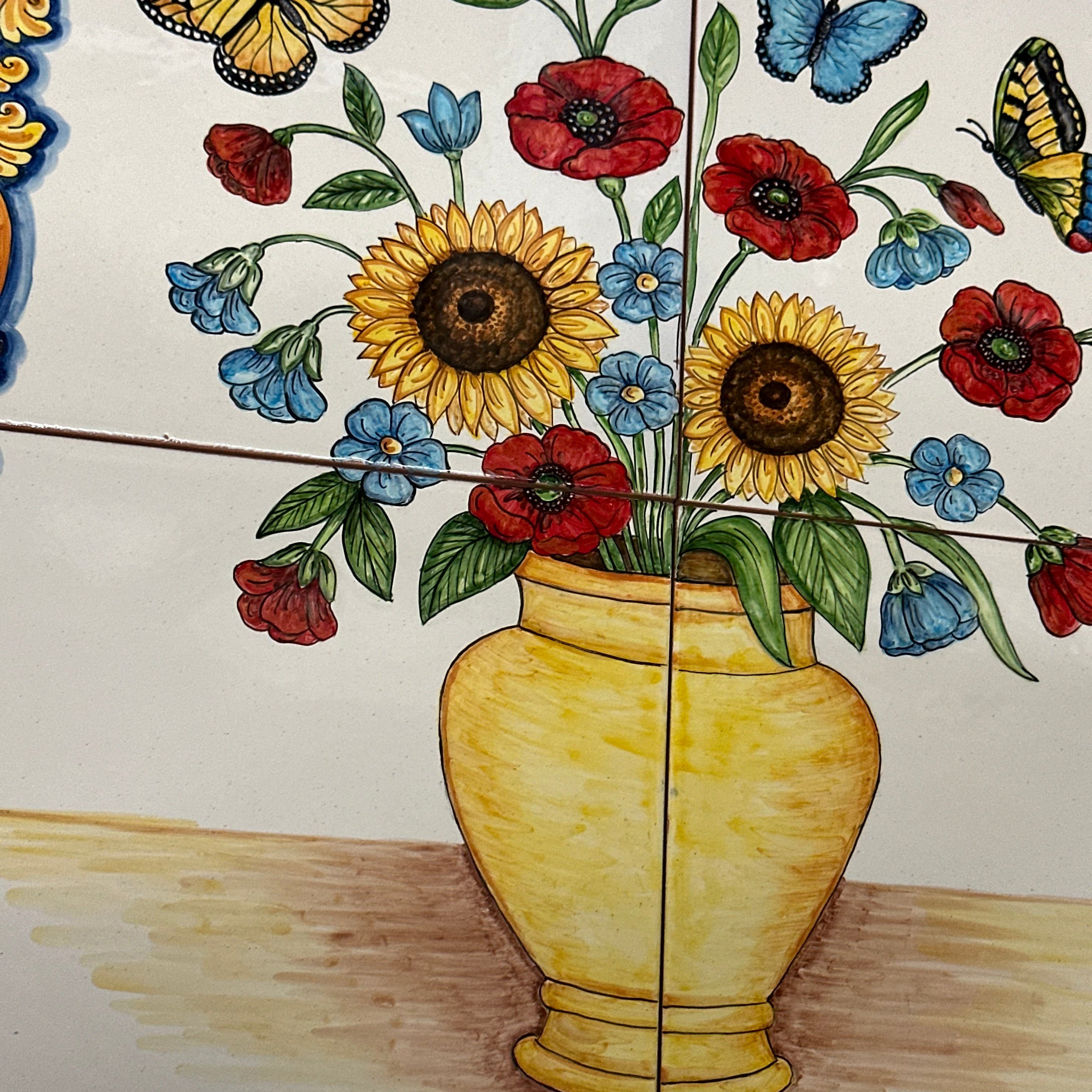 Mosaico Pannello Vaso di Fiori Ceramica Caltagirone cm 60x60 Piastrelle decorate a mano - MAIOLICHE