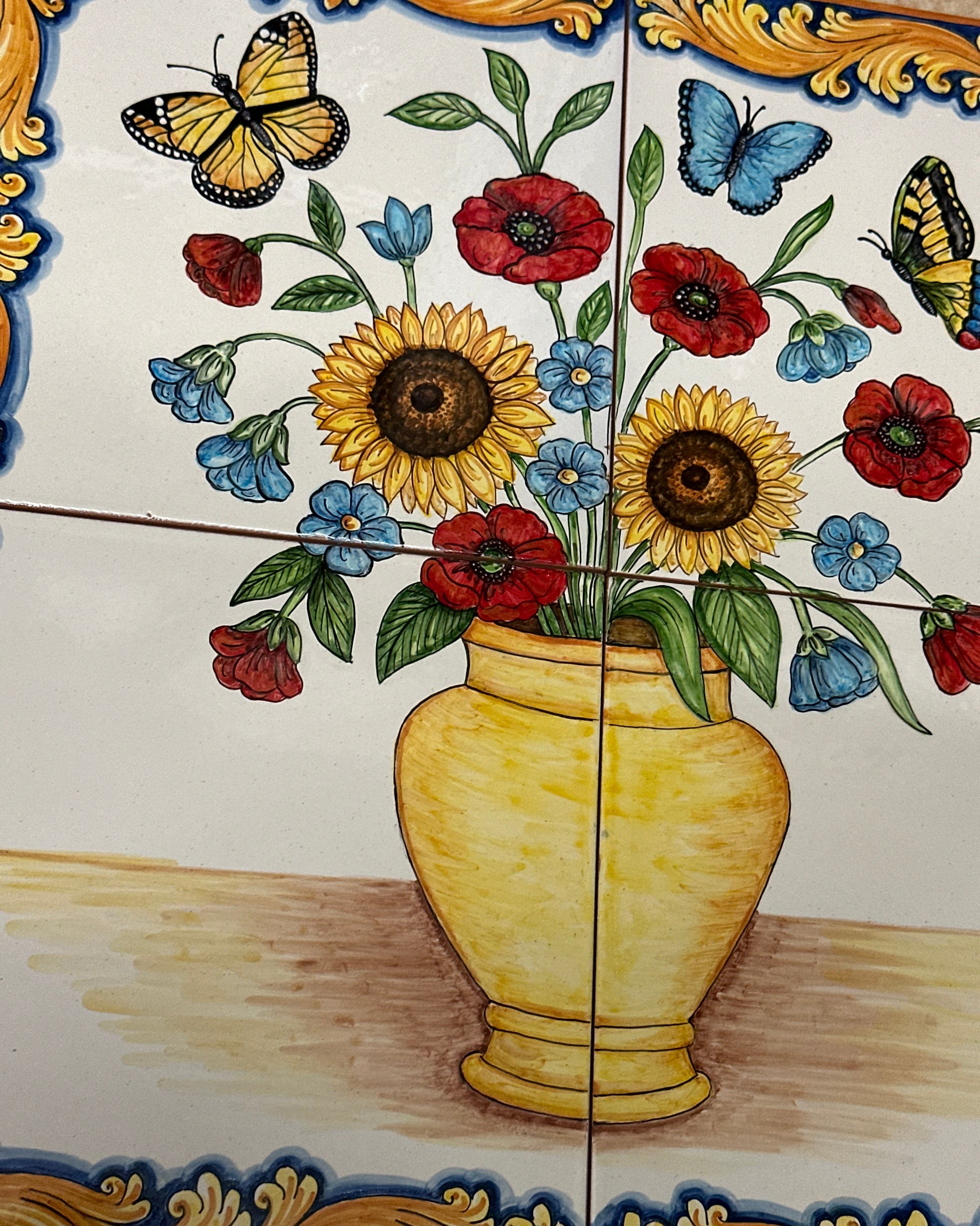 Mosaico Pannello Vaso di Fiori Ceramica Caltagirone cm 60x60 Piastrelle decorate a mano - MAIOLICHE