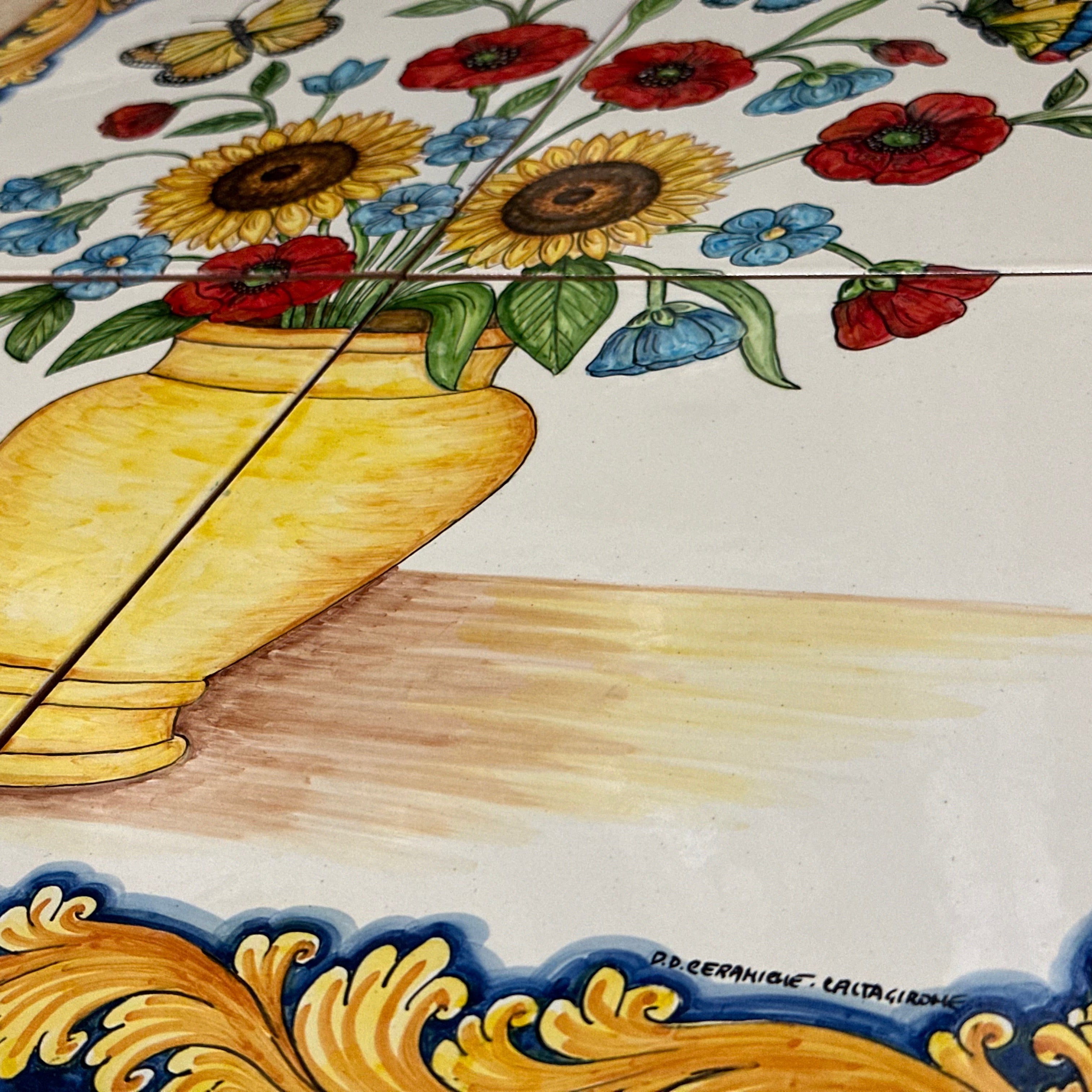 Mosaico Pannello Vaso di Fiori Ceramica Caltagirone cm 60x60 Piastrelle decorate a mano - MAIOLICHE