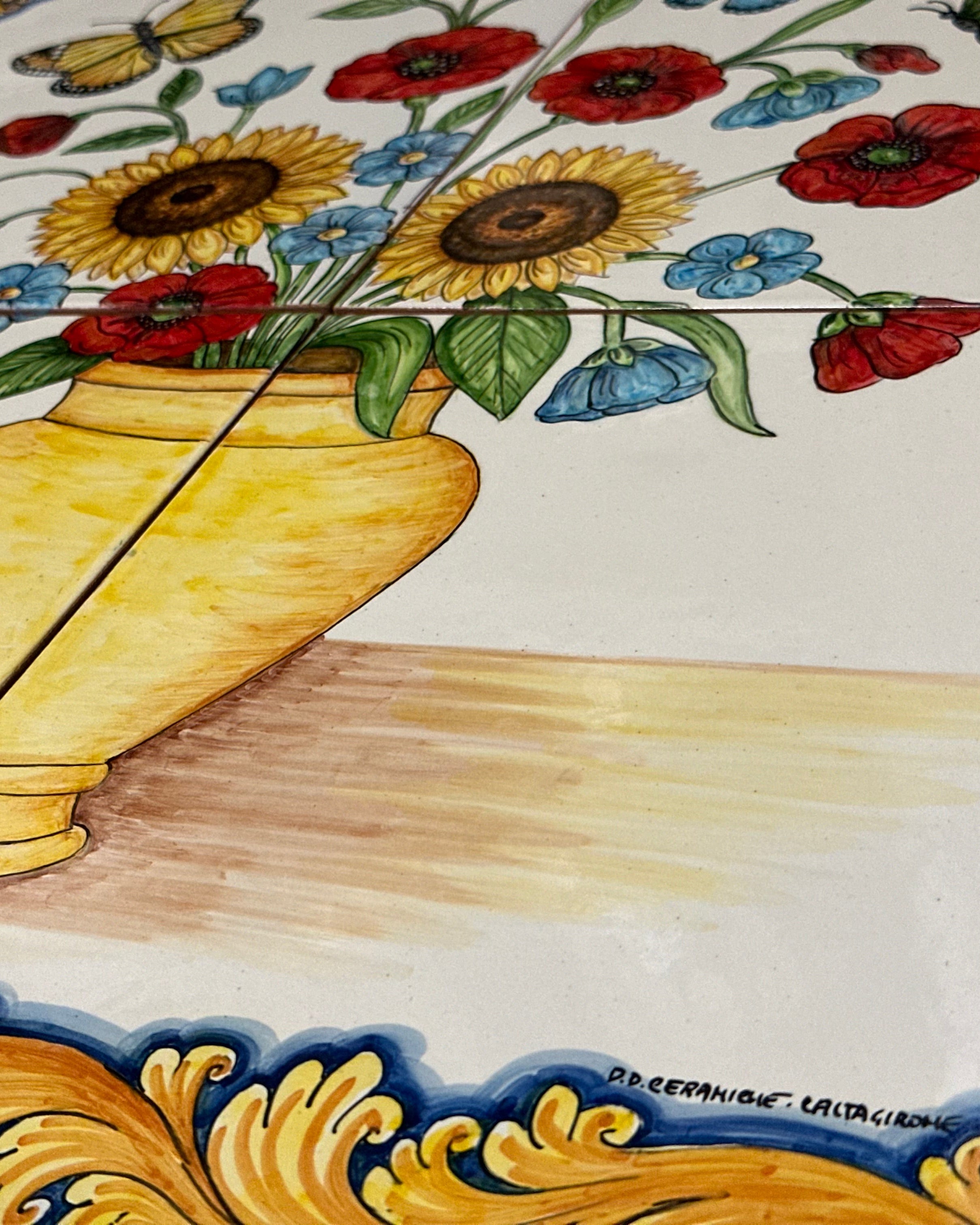 Mosaico Pannello Vaso di Fiori Ceramica Caltagirone cm 60x60 Piastrelle decorate a mano - MAIOLICHE