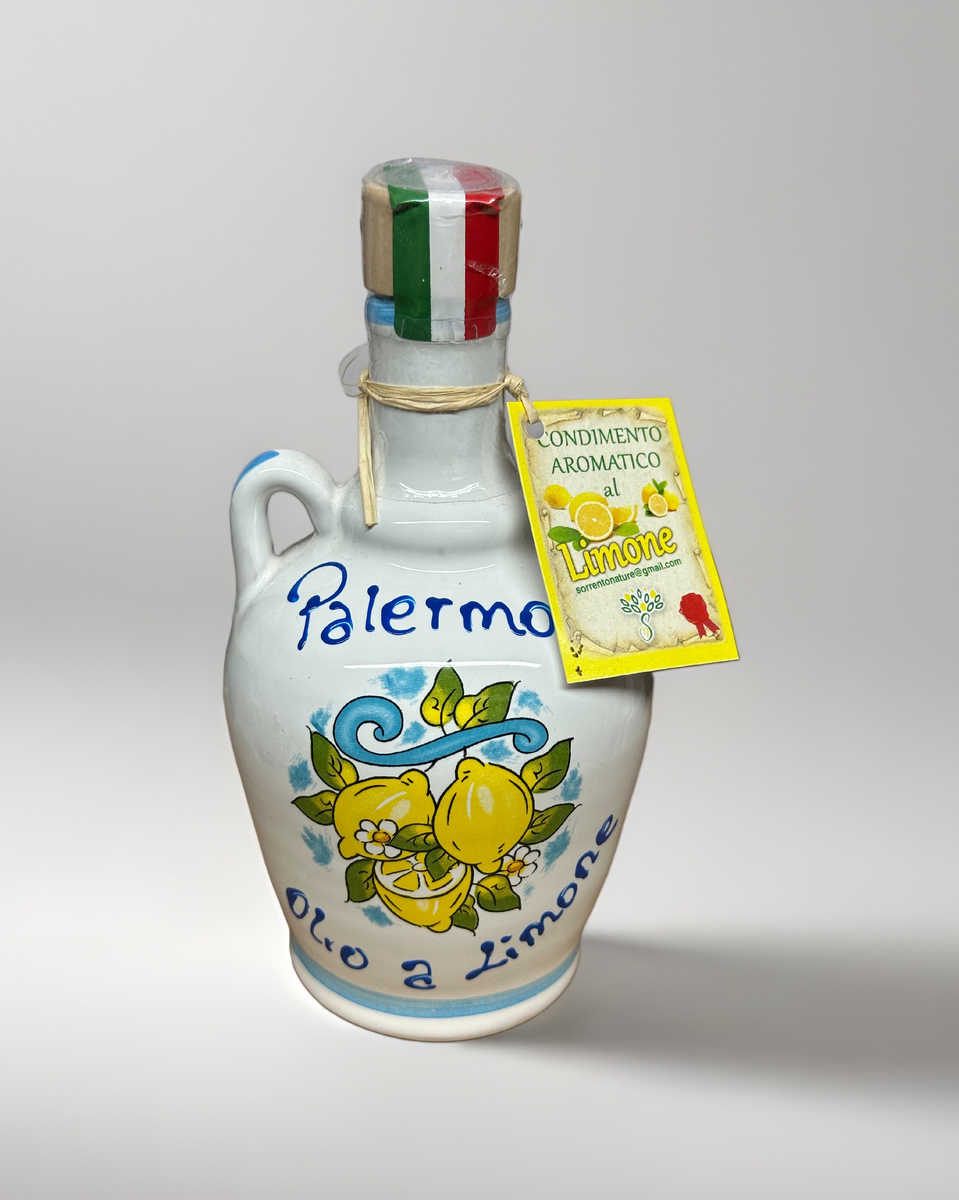 Oliera con Olio Aromatico Limone Decorata a mano 16x9cm Ceramica Caltagirone - OGGETTISTICA