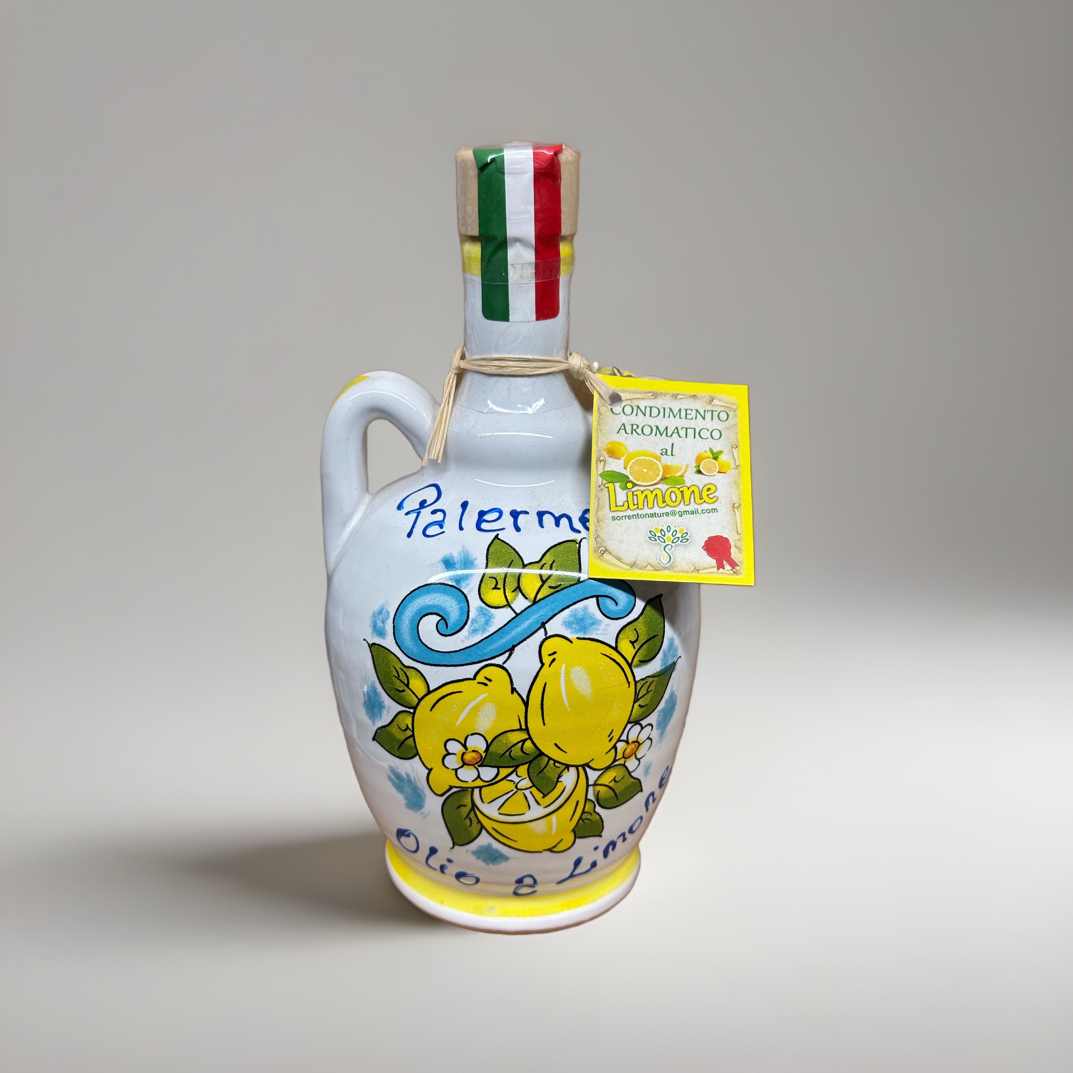 Oliera con Olio Aromatico Limone Decorata a mano 19x10cm Ceramica Caltagirone - OGGETTISTICA