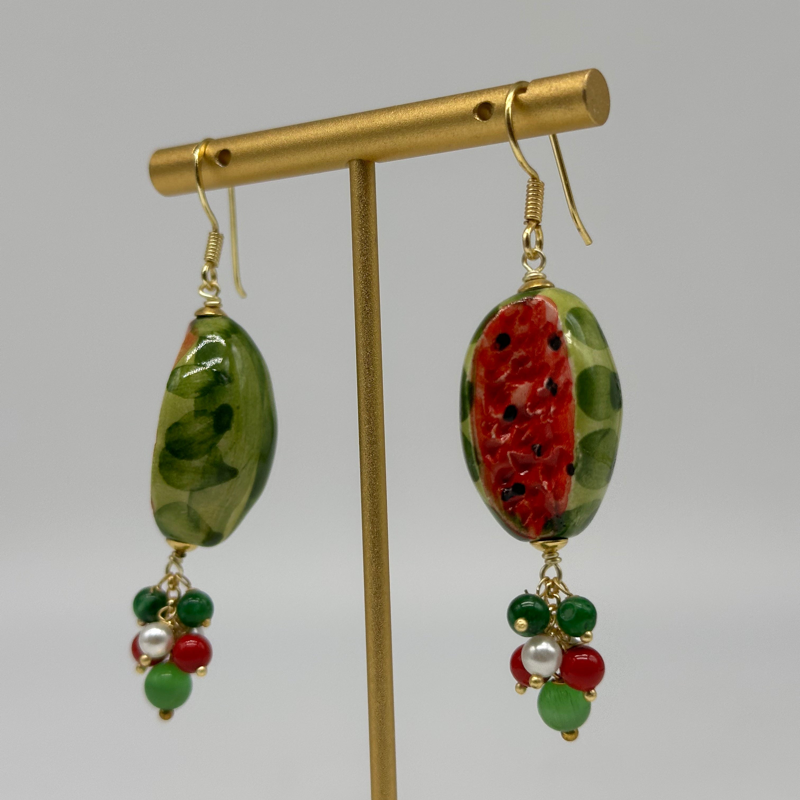 Orecchini Artigianali Anguria Ceramica di Caltagirone pietre varie - BIJOUX