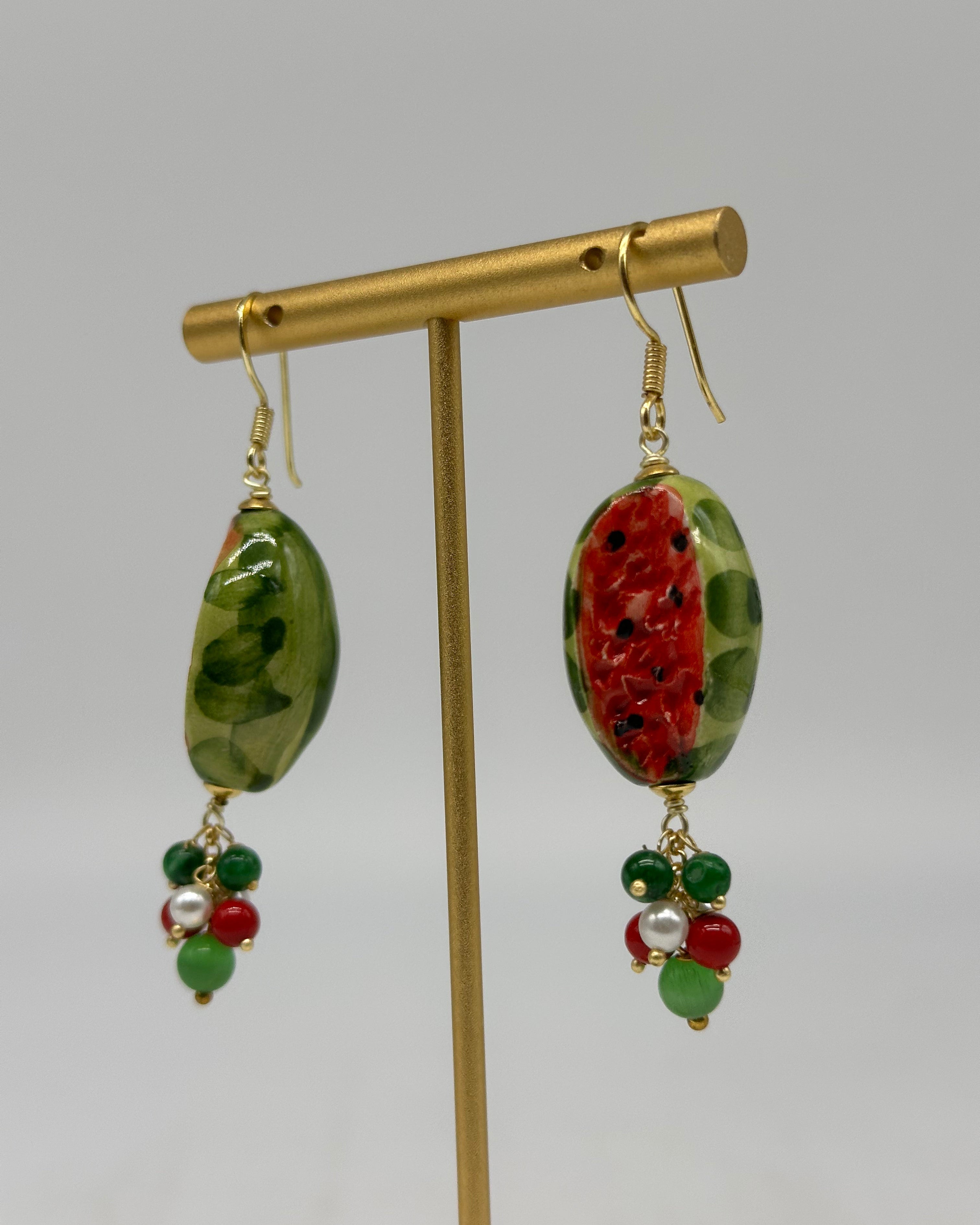 Orecchini Artigianali Anguria Ceramica di Caltagirone pietre varie - BIJOUX