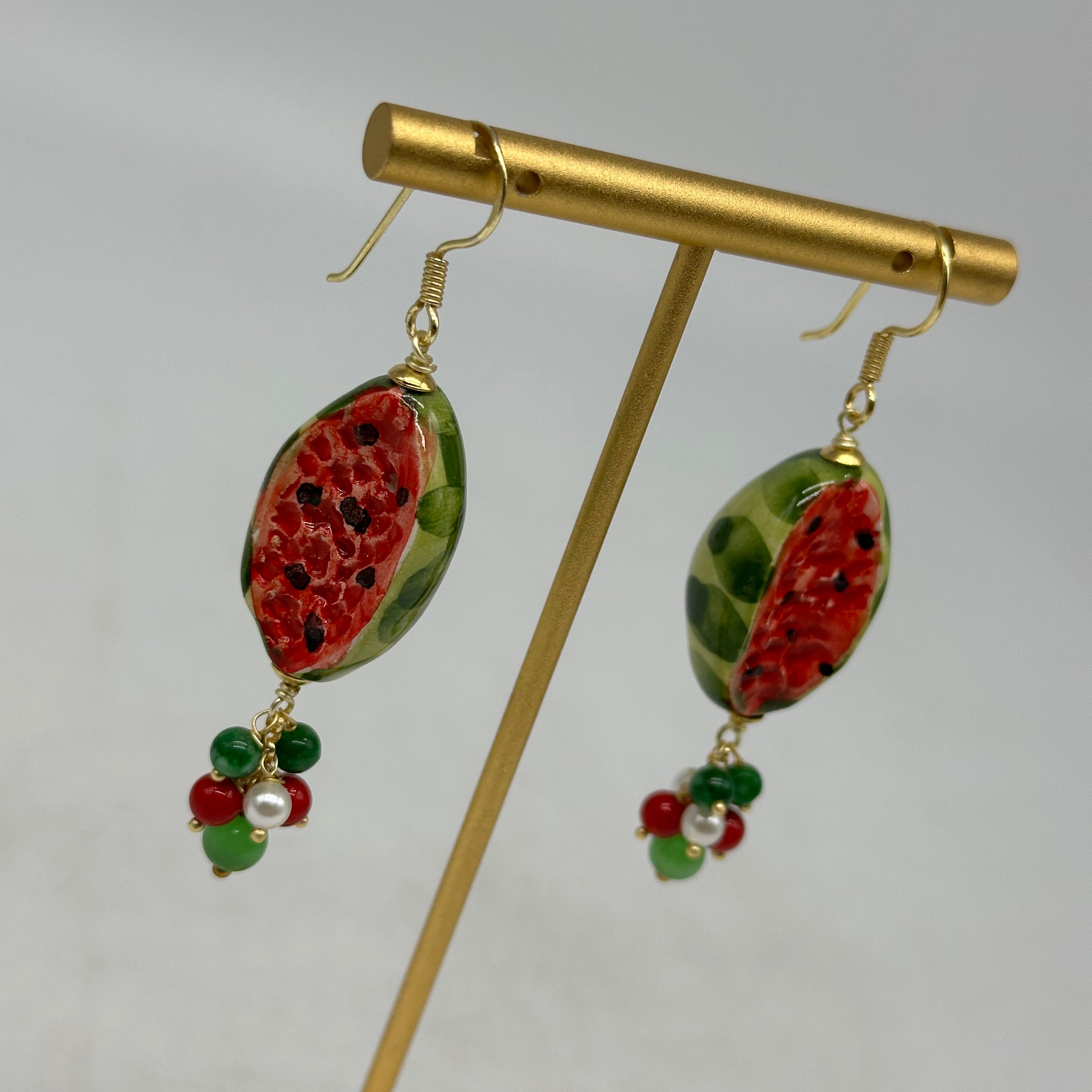 Orecchini Artigianali Anguria Ceramica di Caltagirone pietre varie - BIJOUX