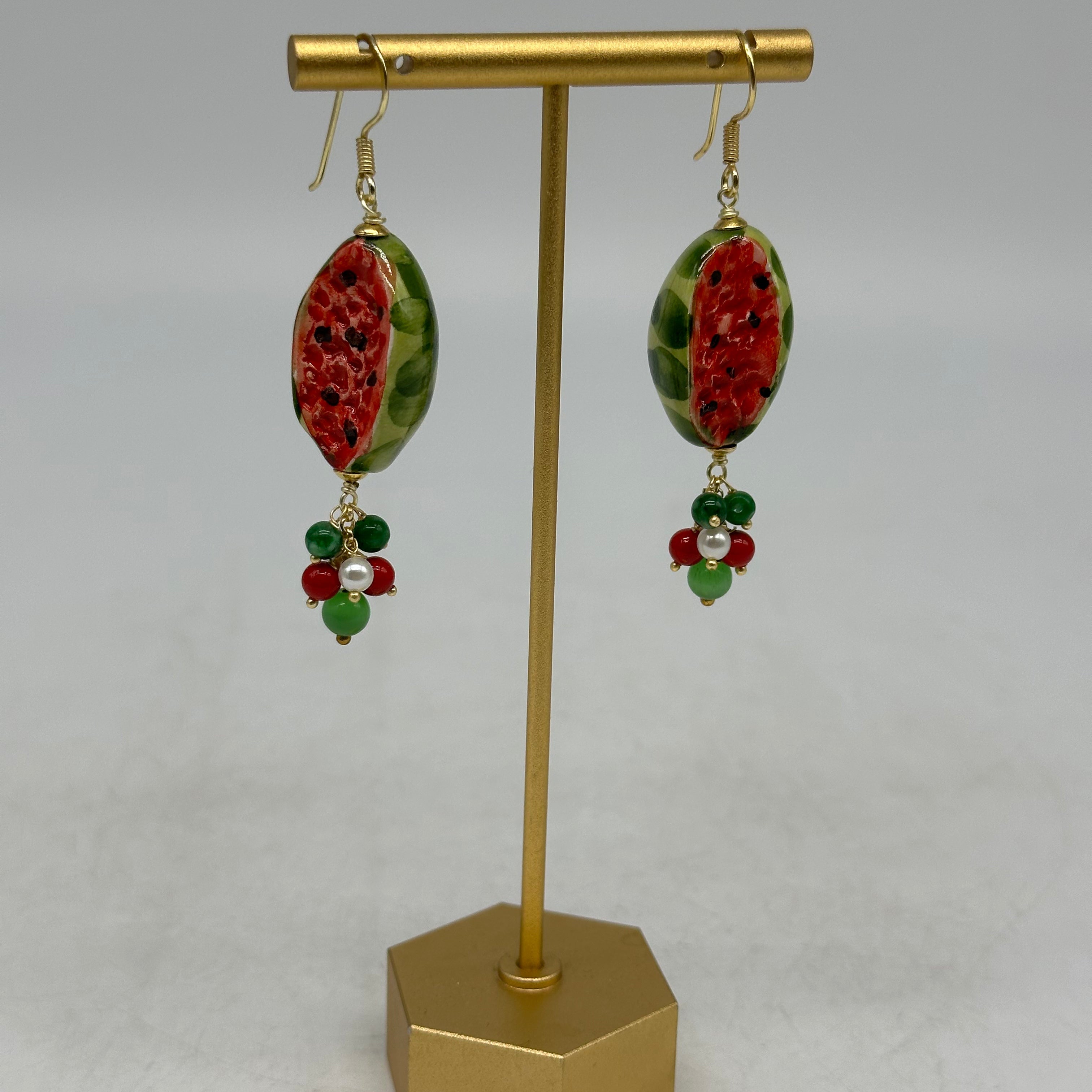 Orecchini Artigianali Anguria Ceramica di Caltagirone pietre varie - BIJOUX