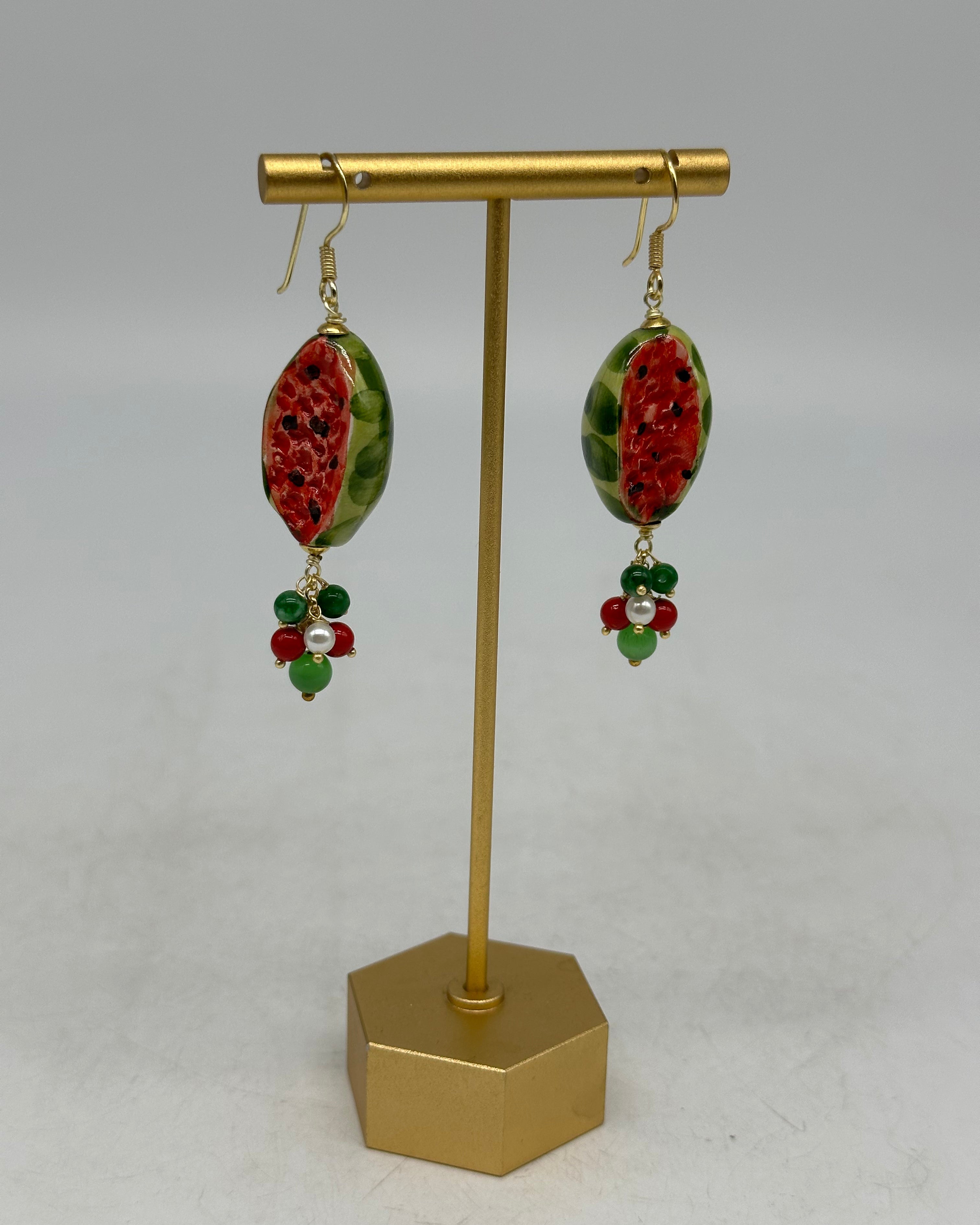 Orecchini Artigianali Anguria Ceramica di Caltagirone pietre varie - BIJOUX