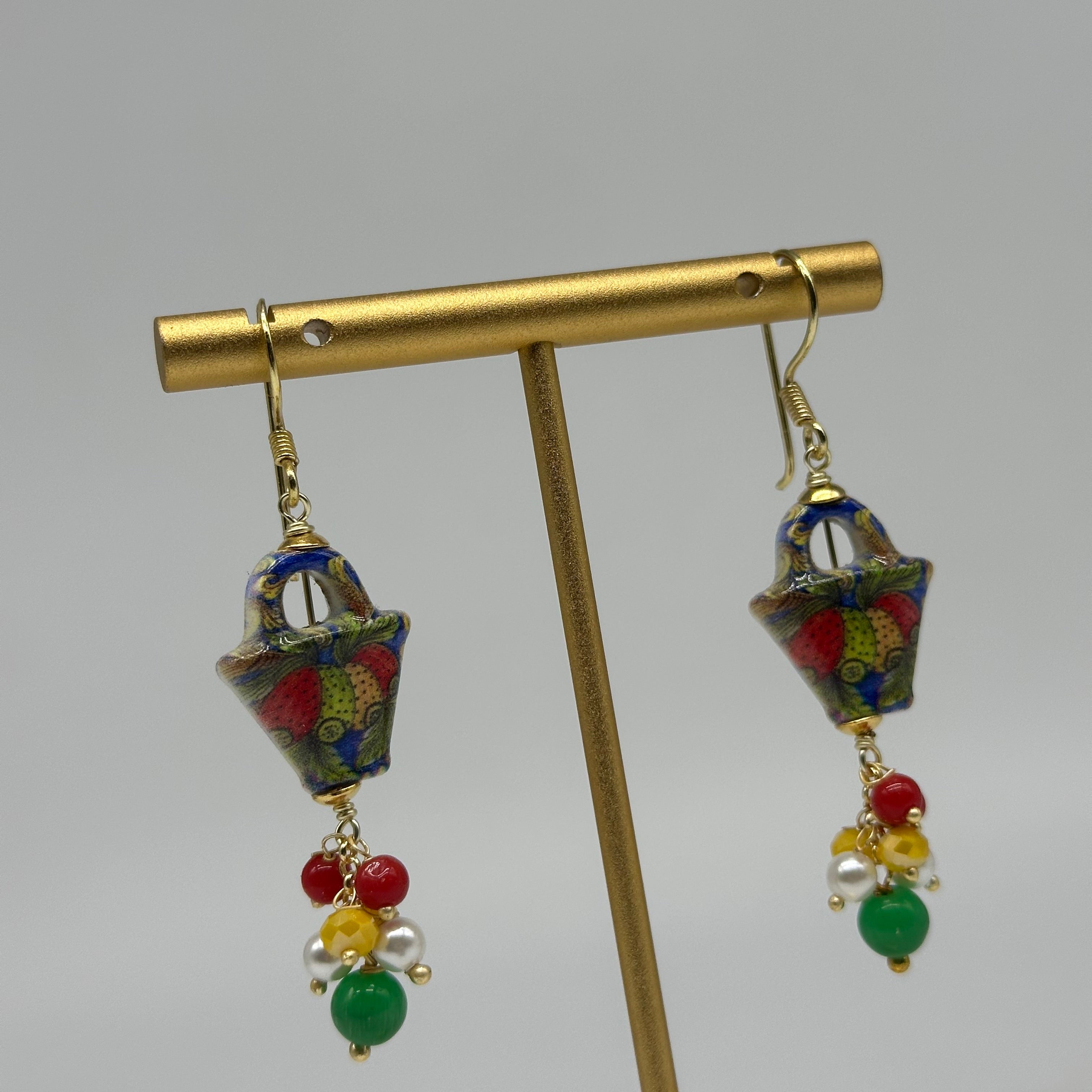 Orecchini Artigianali Coffa Siciliana in Ceramica di Caltagirone pietre varie V.3 - ORECCHINI