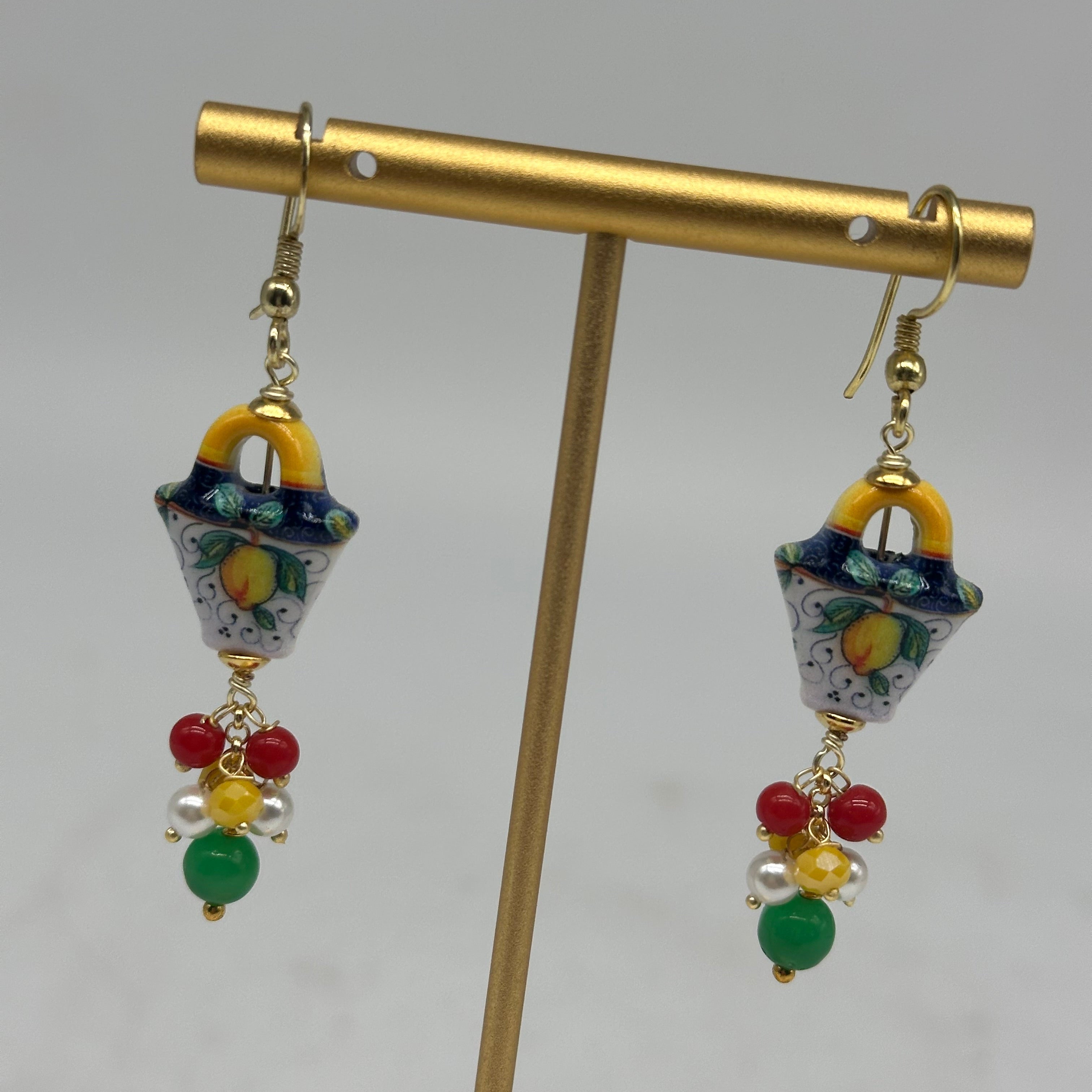 Orecchini Artigianali Coffa Siciliana in Ceramica di Caltagirone pietre varie V.2 - ORECCHINI