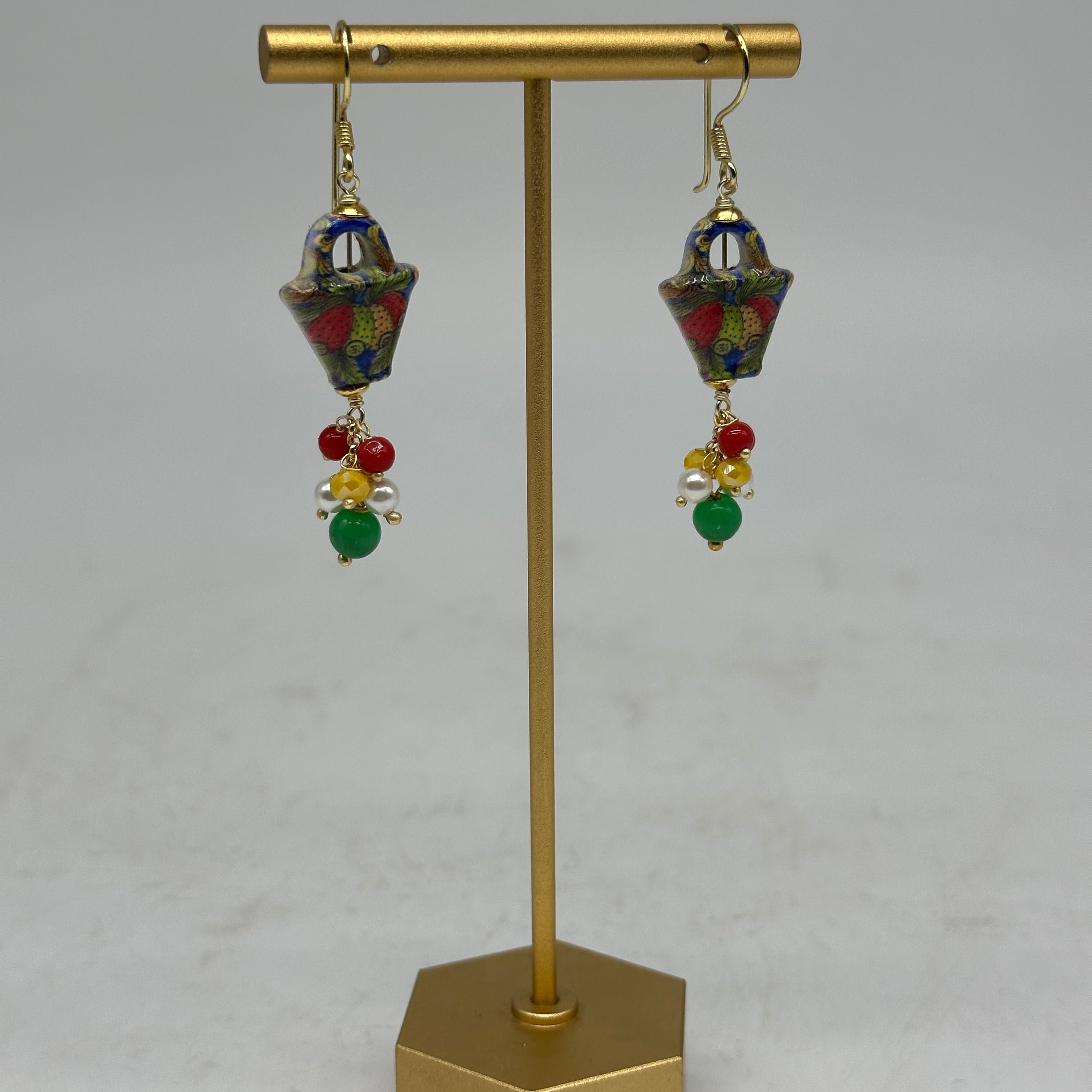 Orecchini Artigianali Coffa Siciliana in Ceramica di Caltagirone pietre varie V.3 - ORECCHINI