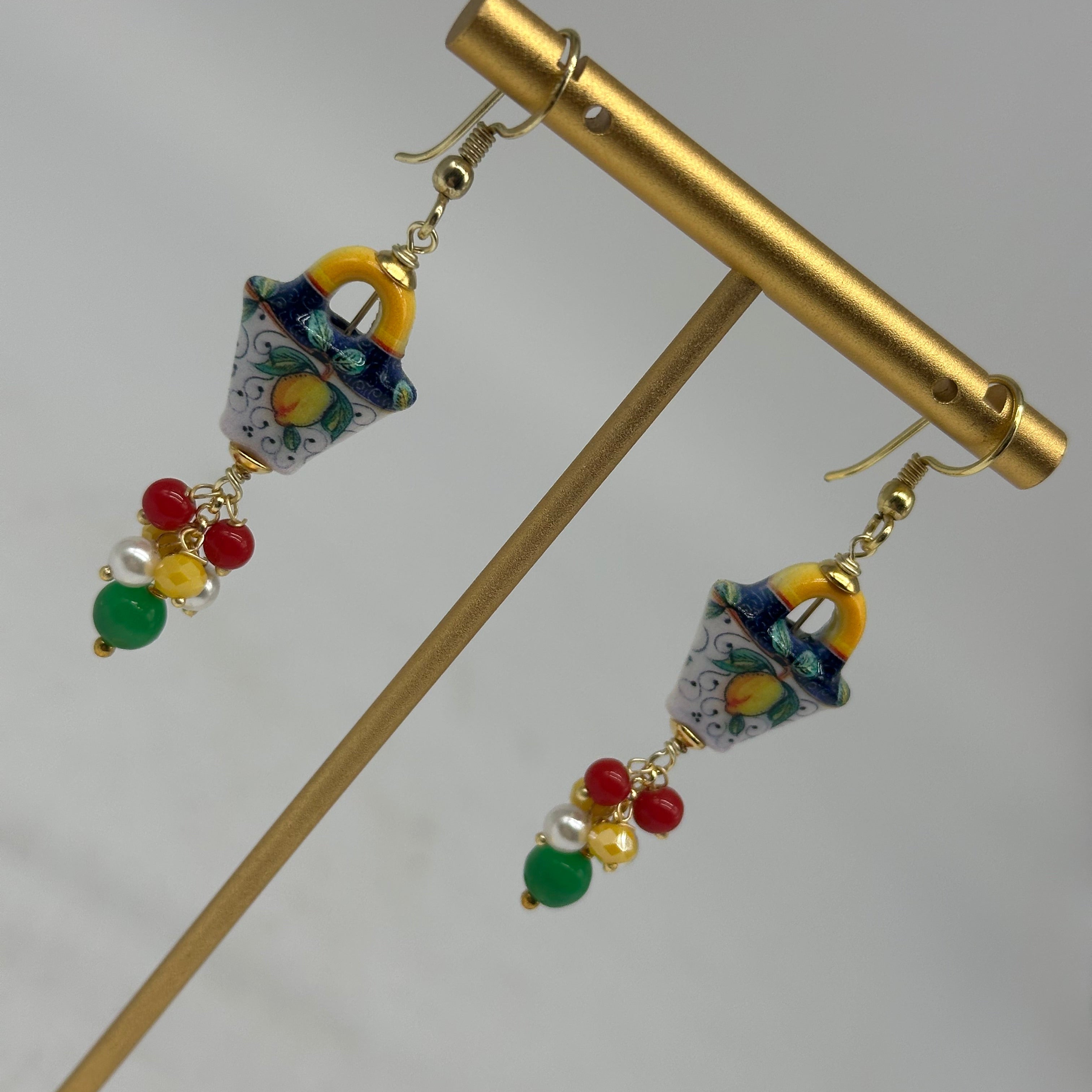 Orecchini Artigianali Coffa Siciliana in Ceramica di Caltagirone pietre varie V.2 - ORECCHINI