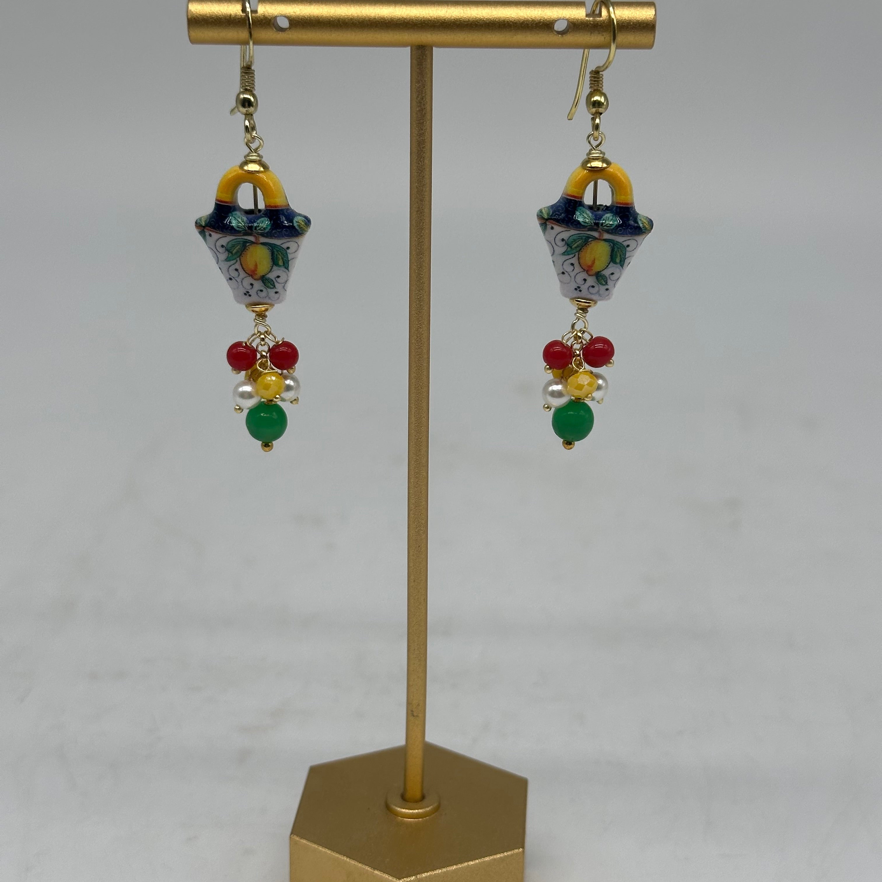 Orecchini Artigianali Coffa Siciliana in Ceramica di Caltagirone pietre varie V.2 - ORECCHINI