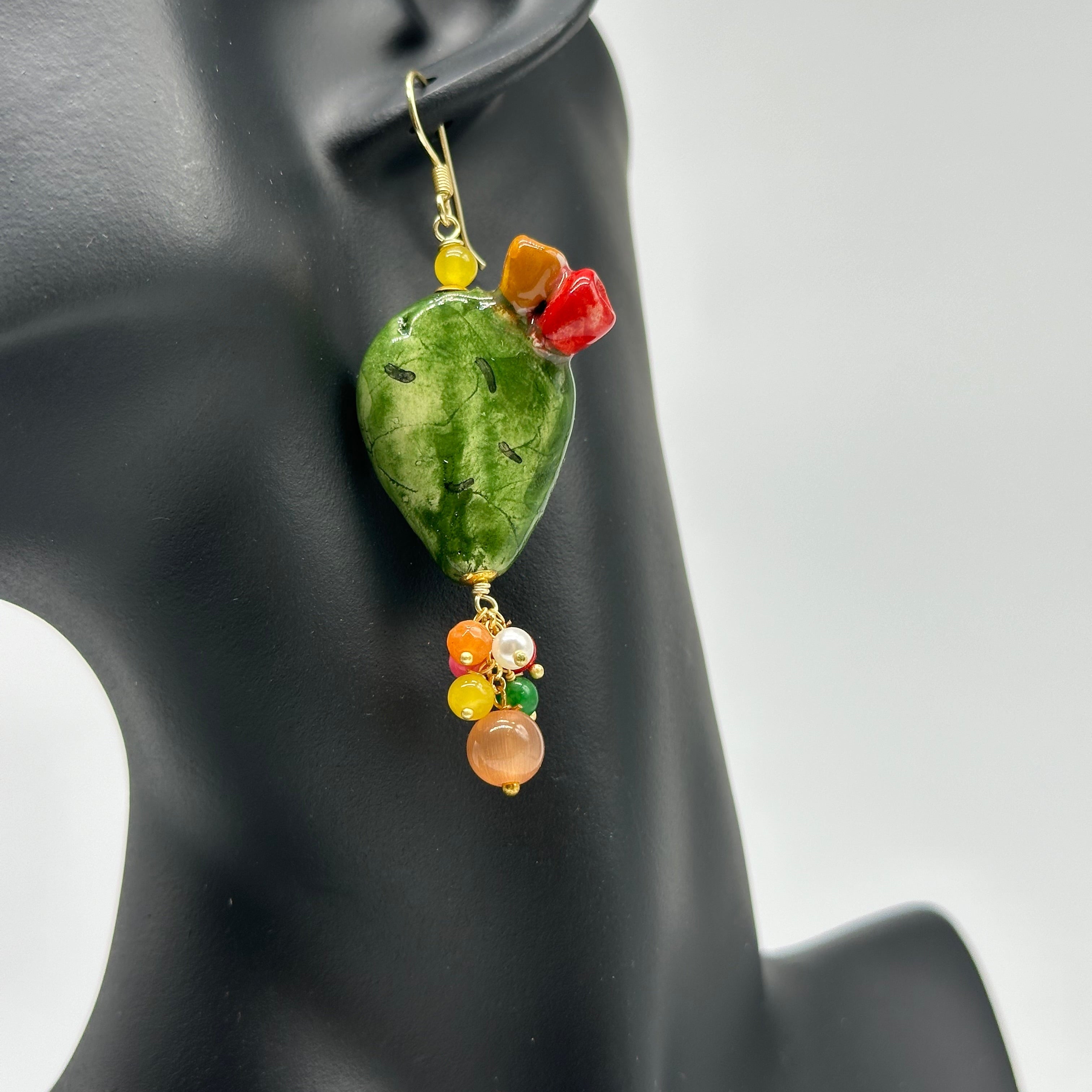 Orecchini Artigianali Fichi d’India in Ceramica di Caltagirone pietre varie V.2 - ORECCHINI