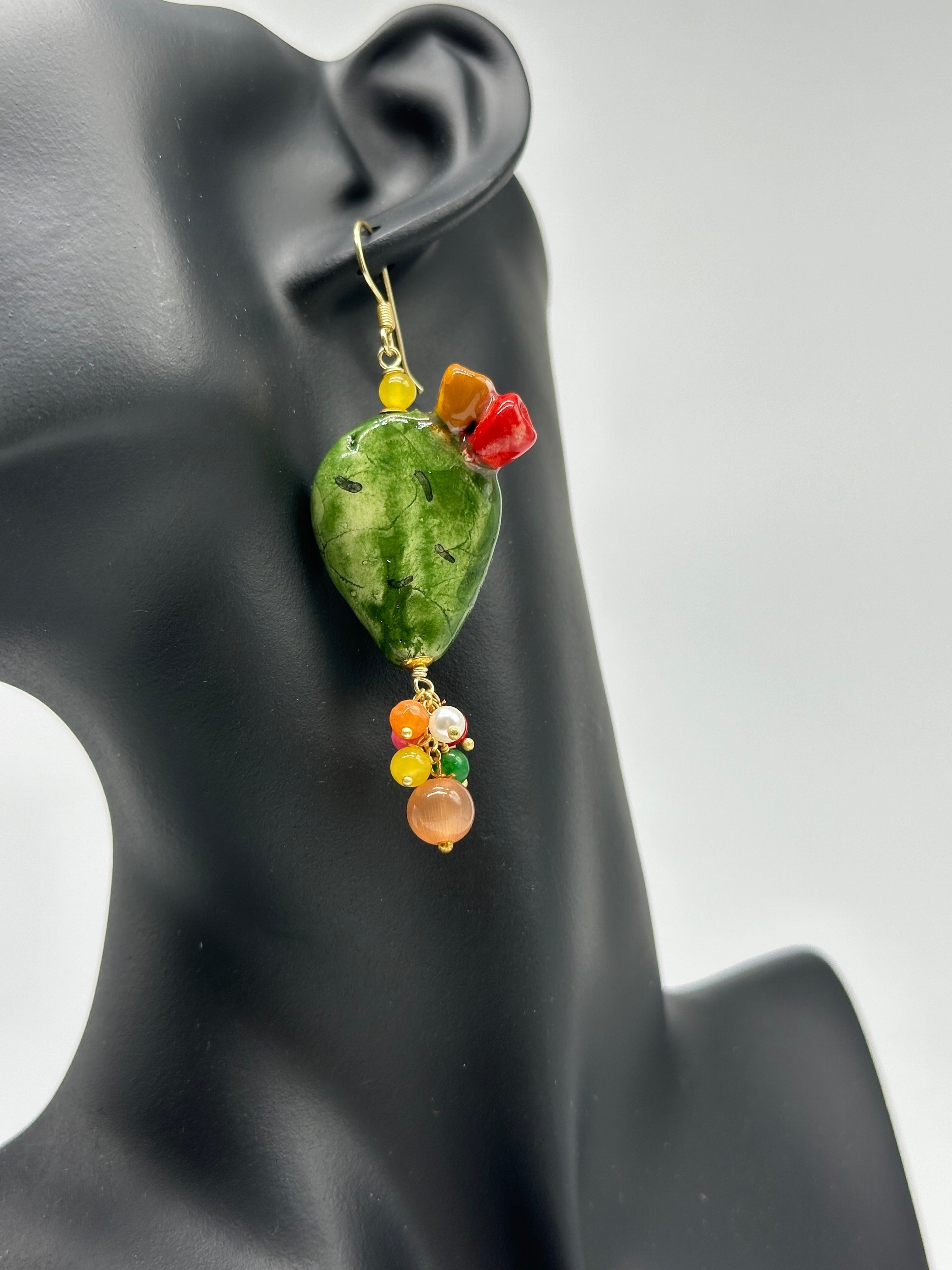 Orecchini Artigianali Fichi d’India in Ceramica di Caltagirone pietre varie V.2 - ORECCHINI