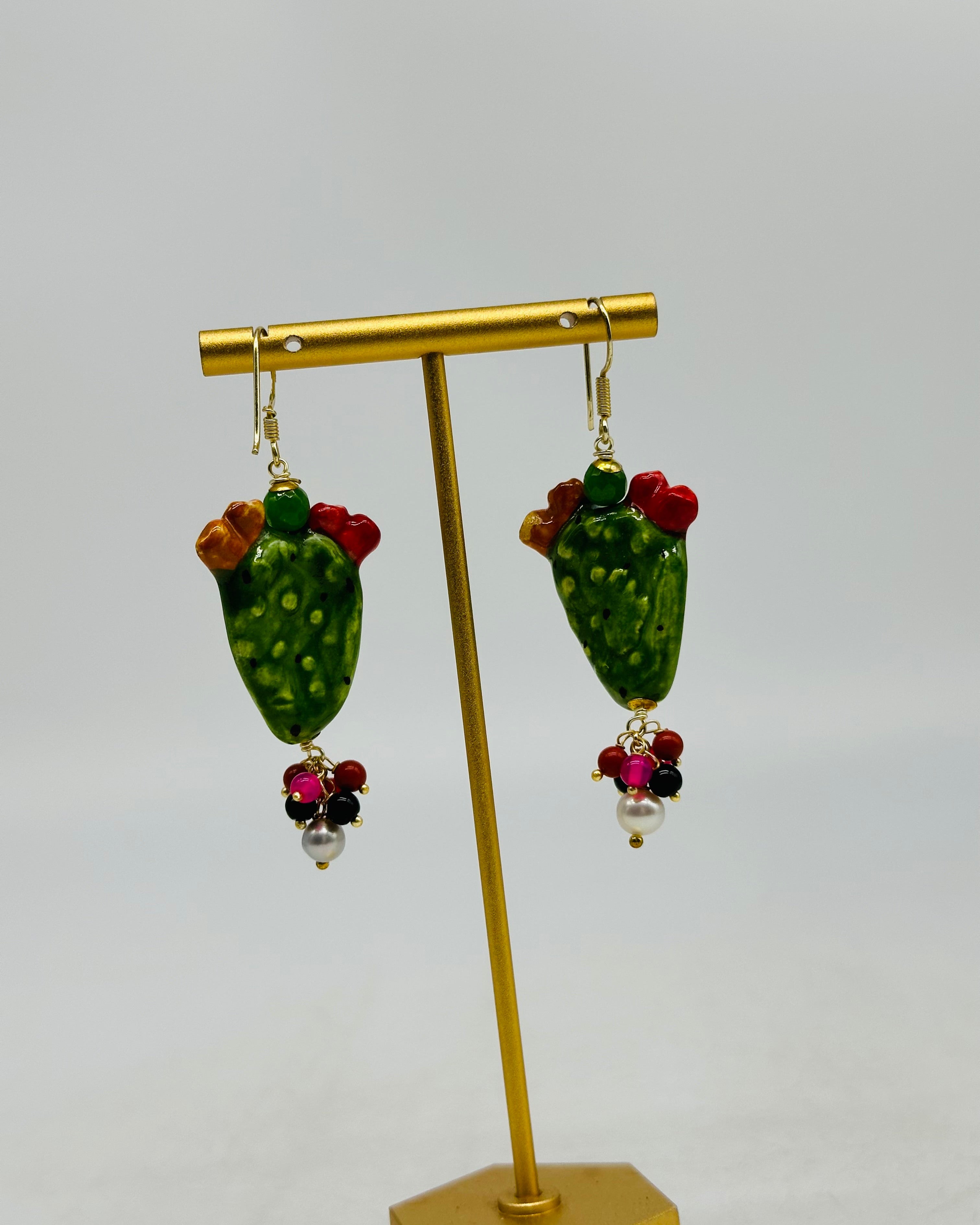 Orecchini Artigianali Fichi d’India in Ceramica di Caltagirone pietre varie V.1 - ORECCHINI