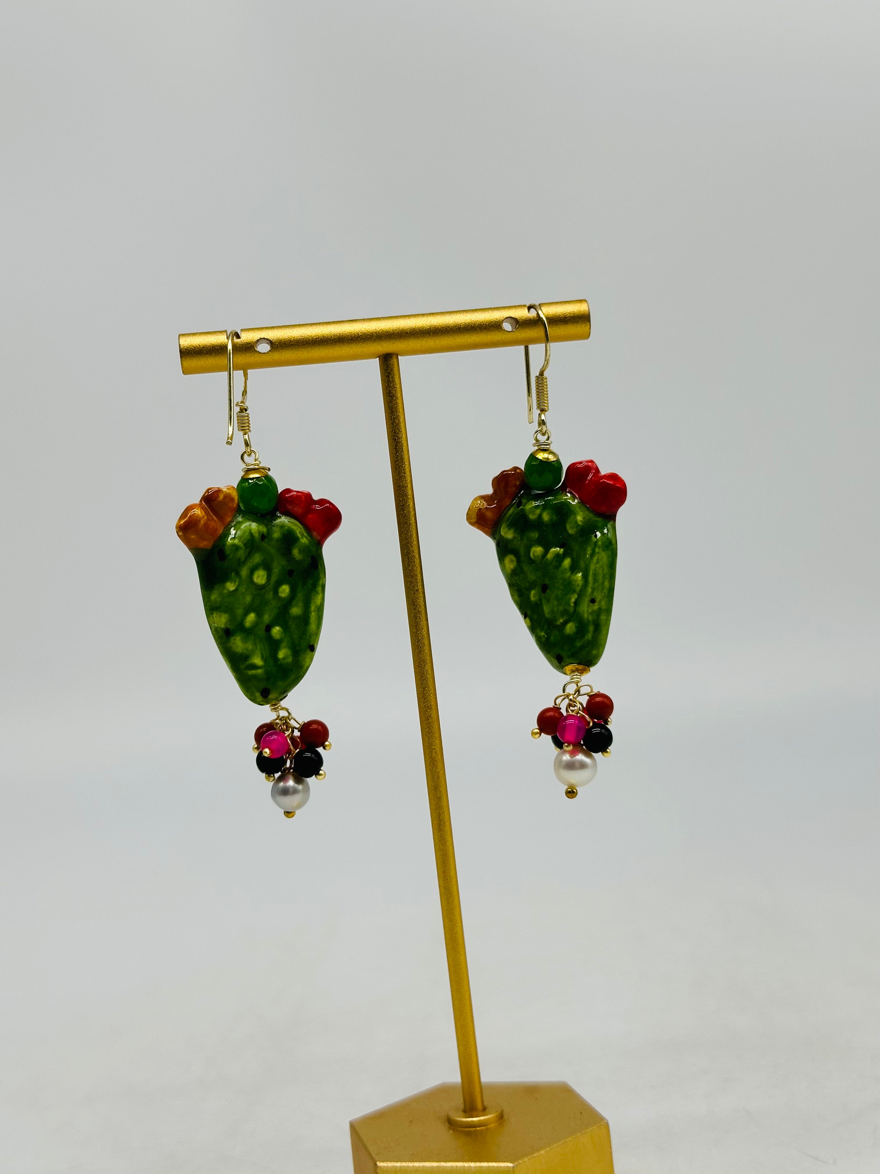 Orecchini Artigianali Fichi d’India in Ceramica di Caltagirone pietre varie V.1 - ORECCHINI