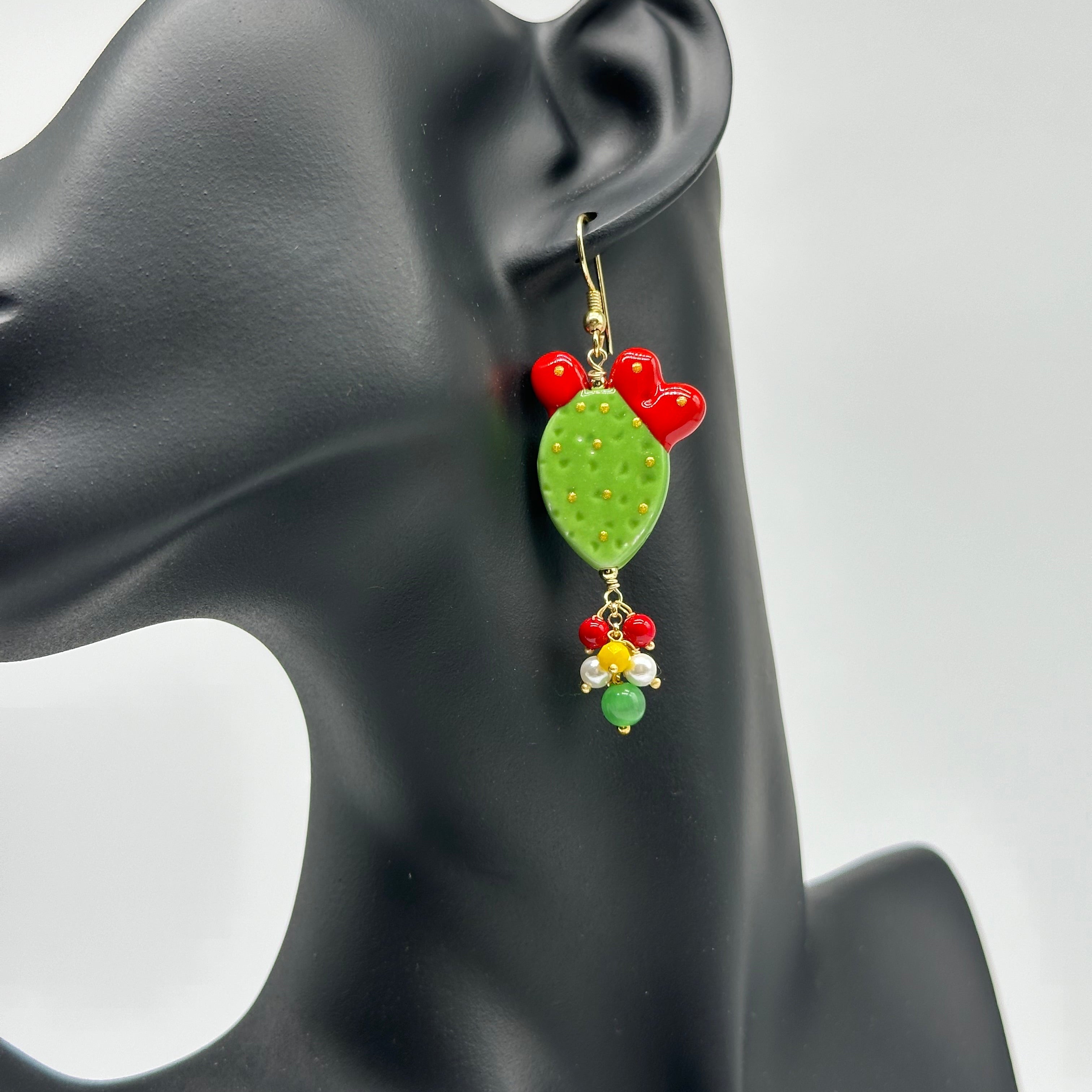 Orecchini Artigianali Fichi d’India in Ceramica di Caltagirone pietre varie V.3 Verde - ORECCHINI