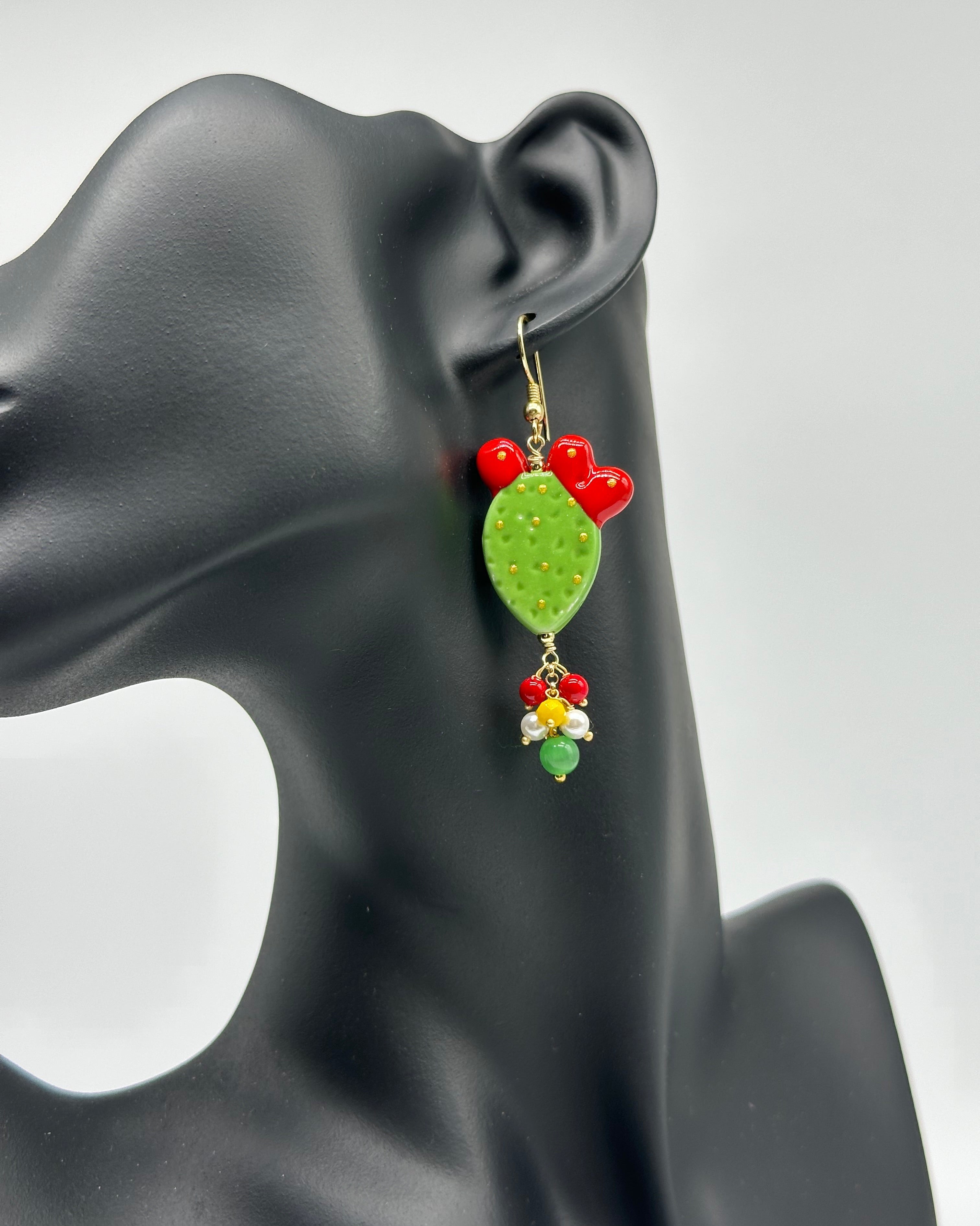 Orecchini Artigianali Fichi d’India in Ceramica di Caltagirone pietre varie V.3 Verde - ORECCHINI