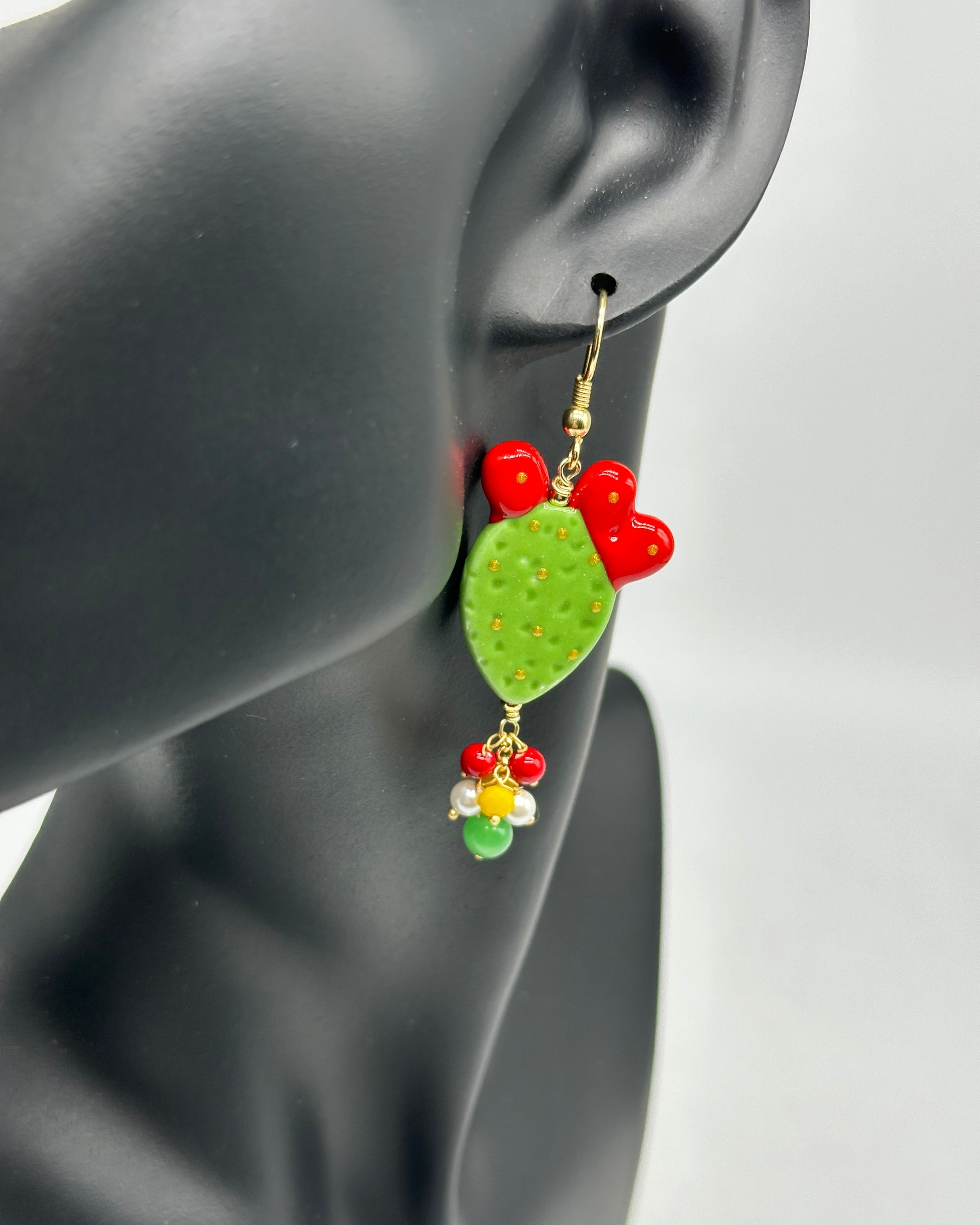 Orecchini Artigianali Fichi d’India in Ceramica di Caltagirone pietre varie V.3 Verde - ORECCHINI