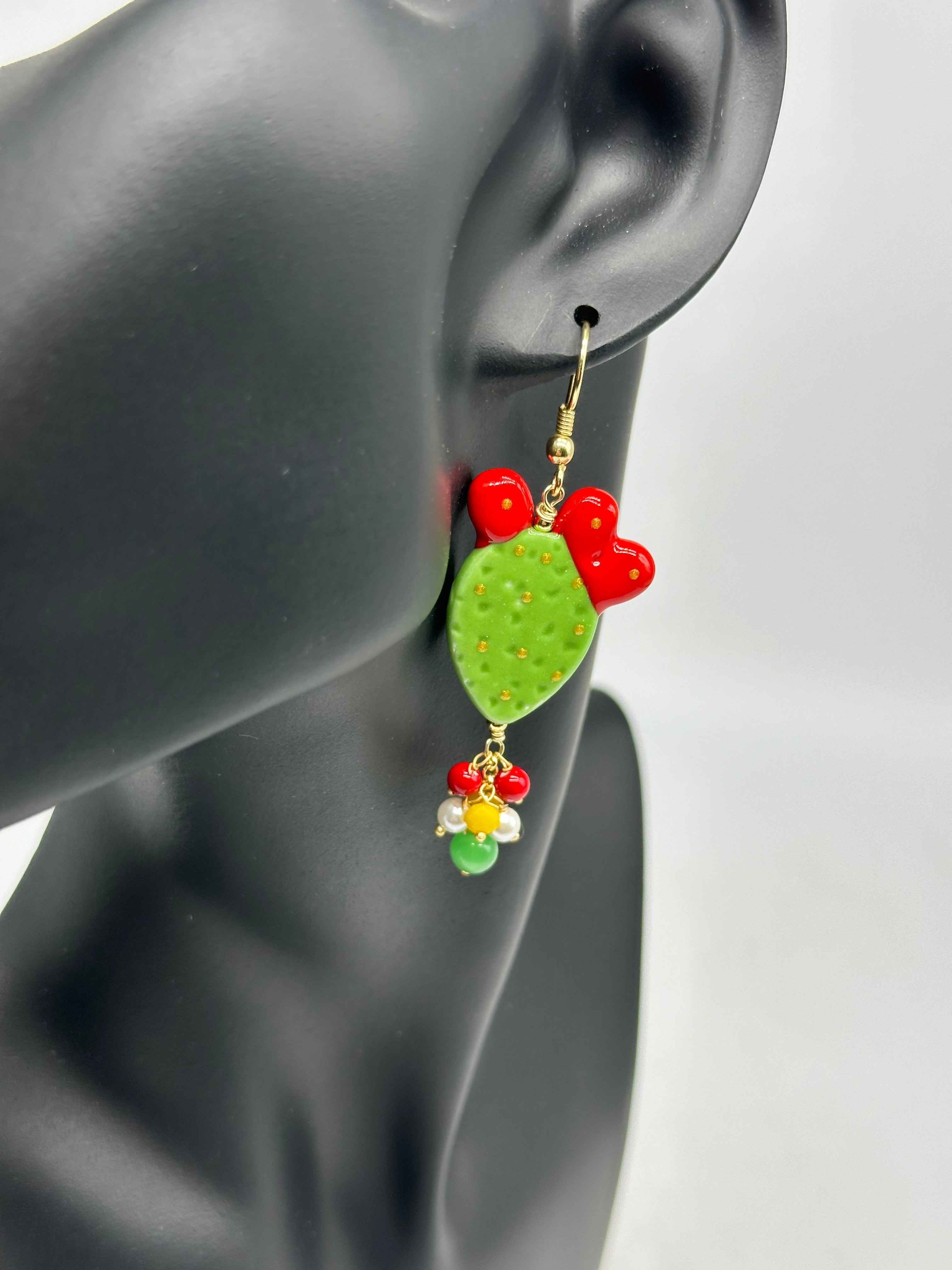 Orecchini Artigianali Fichi d’India in Ceramica di Caltagirone pietre varie V.3 Verde - ORECCHINI