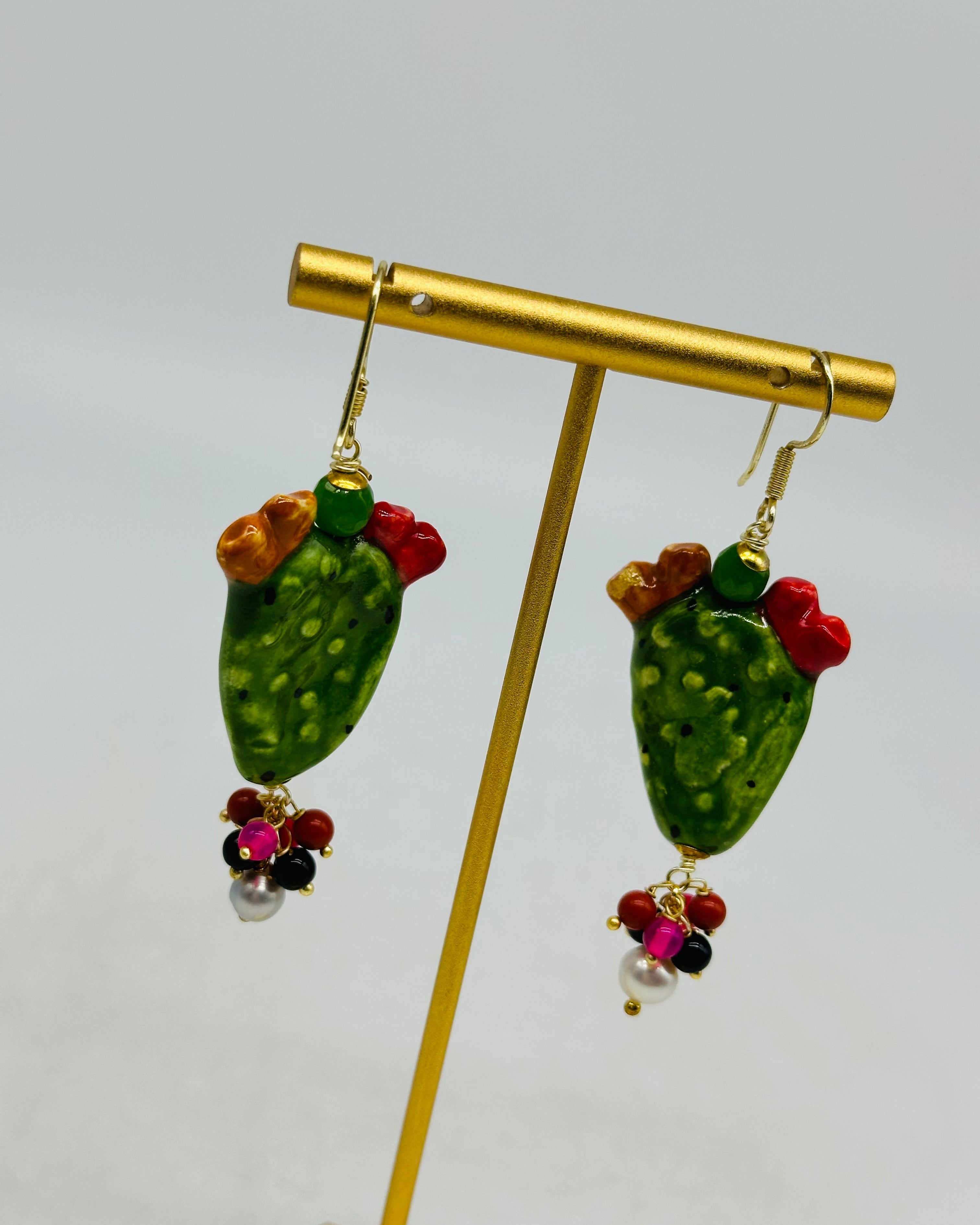 Orecchini Artigianali Fichi d’India in Ceramica di Caltagirone pietre varie V.1 - ORECCHINI