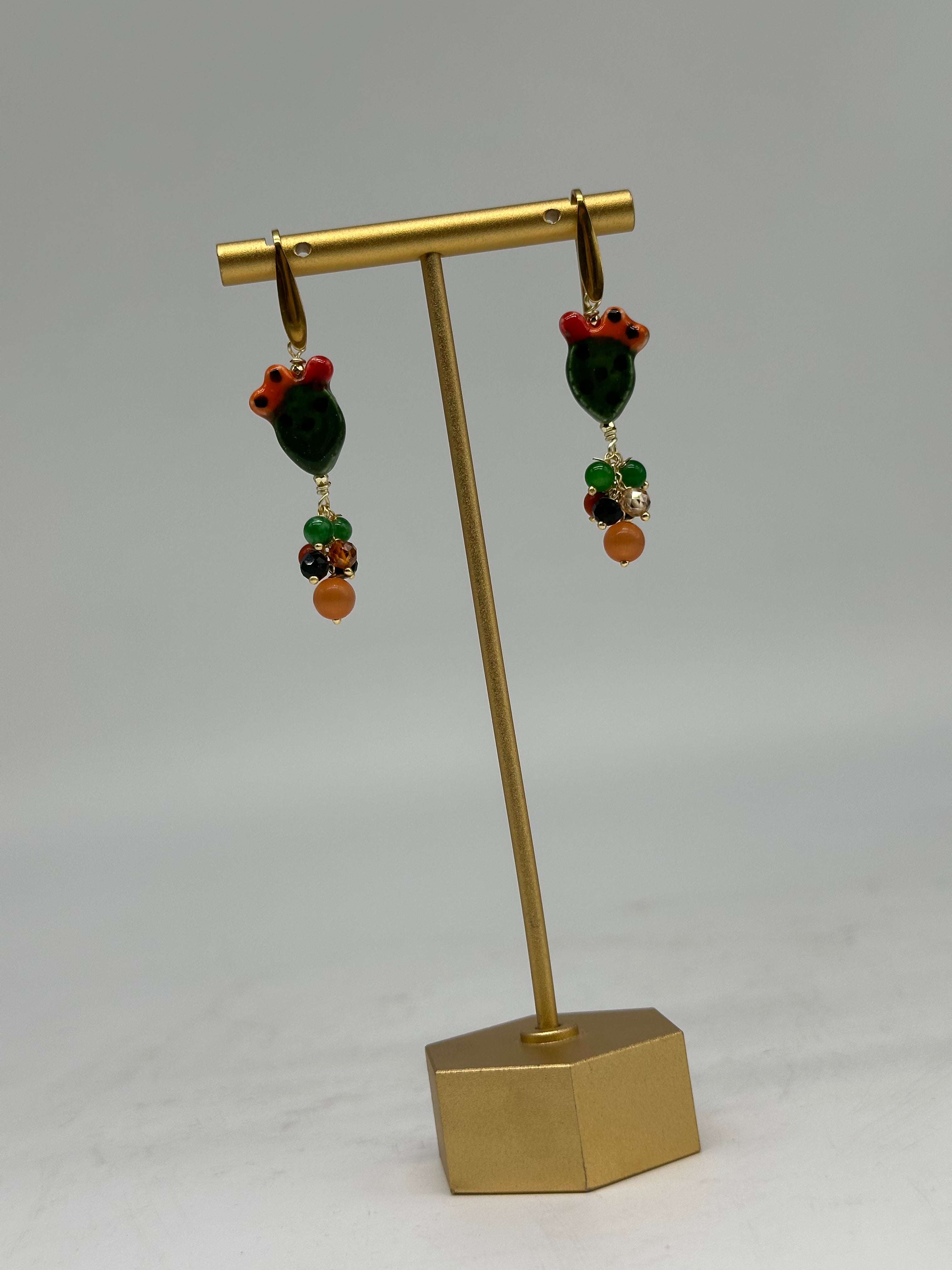 Orecchini Artigianali Fichi d’India in Ceramica di Caltagirone pietre varie V.4 - ORECCHINI