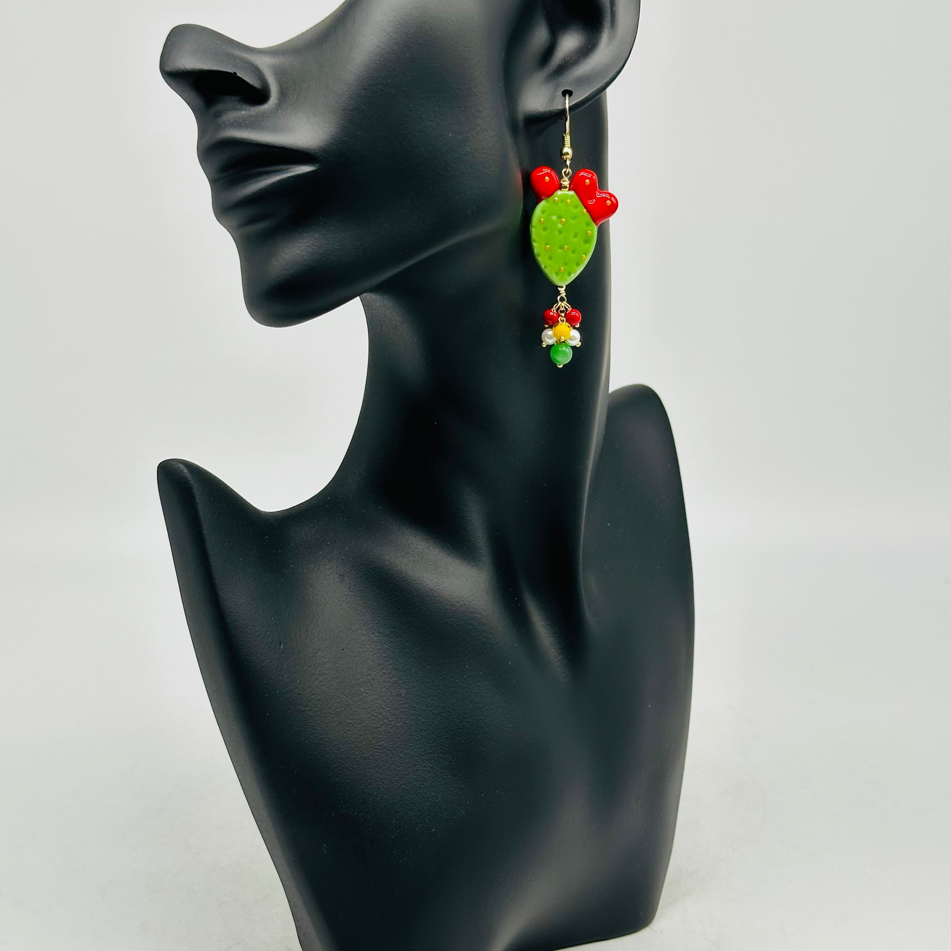 Orecchini Artigianali Fichi d’India in Ceramica di Caltagirone pietre varie V.3 Verde - ORECCHINI