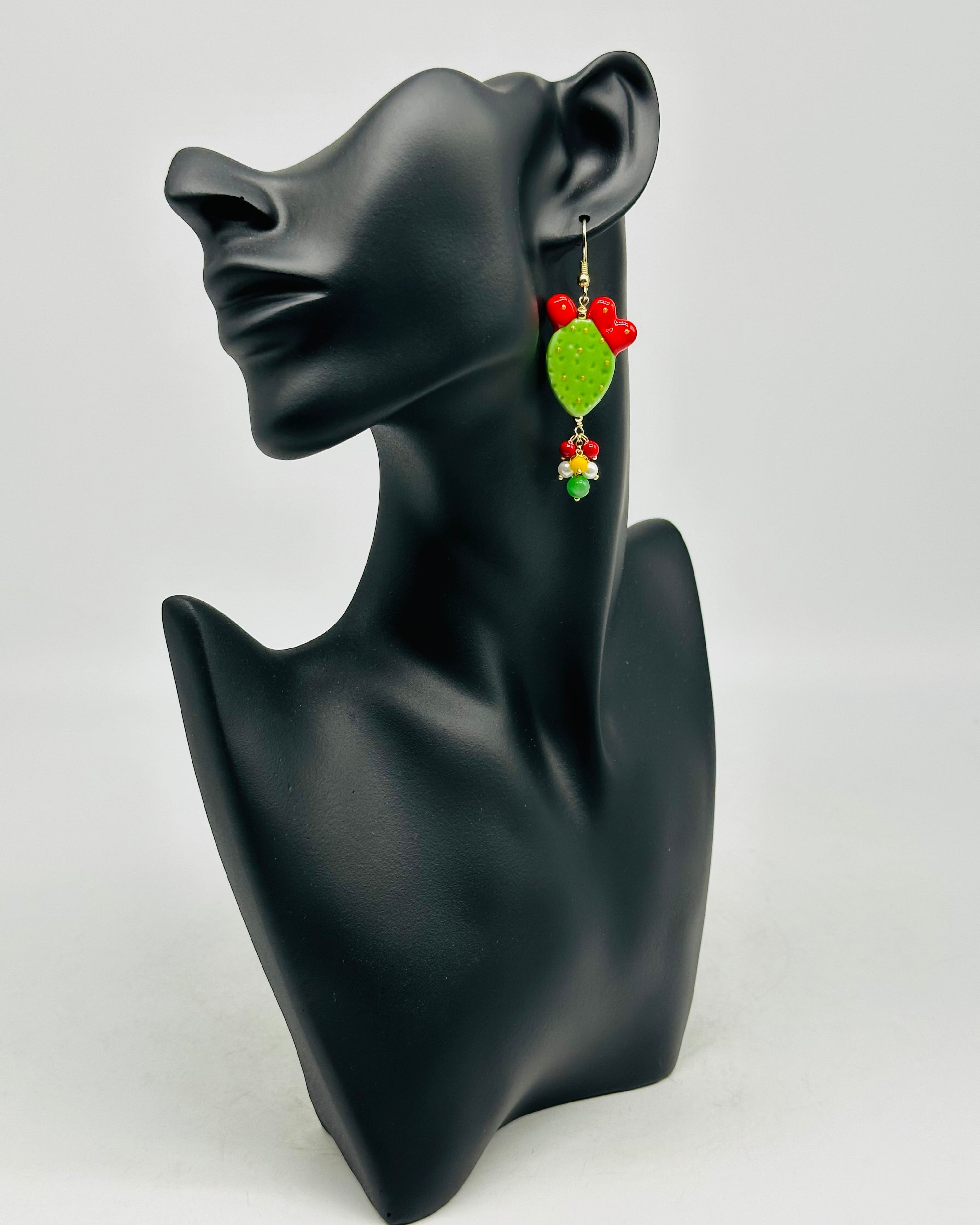 Orecchini Artigianali Fichi d’India in Ceramica di Caltagirone pietre varie V.3 Verde - ORECCHINI