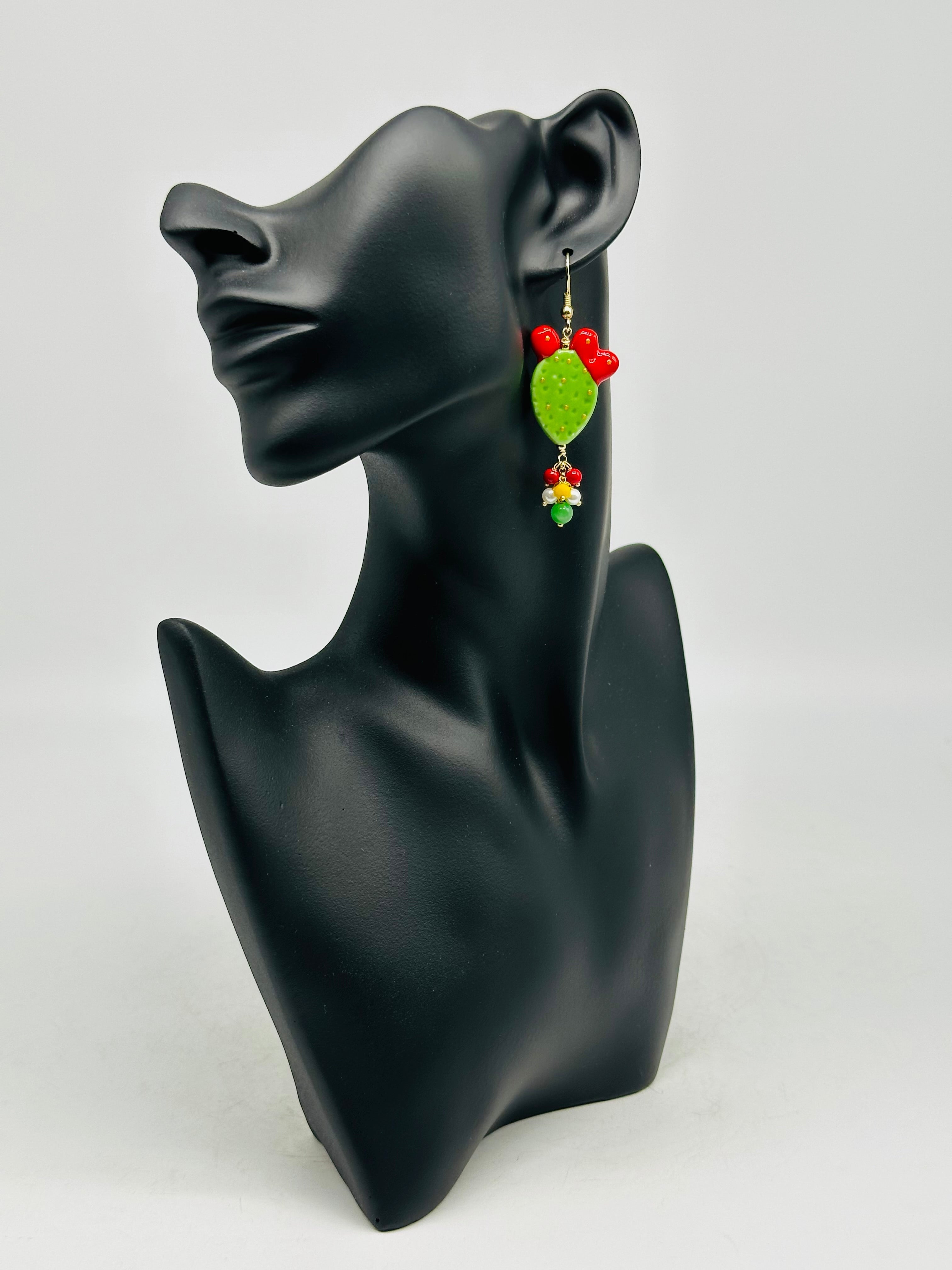 Orecchini Artigianali Fichi d’India in Ceramica di Caltagirone pietre varie V.3 Verde - ORECCHINI