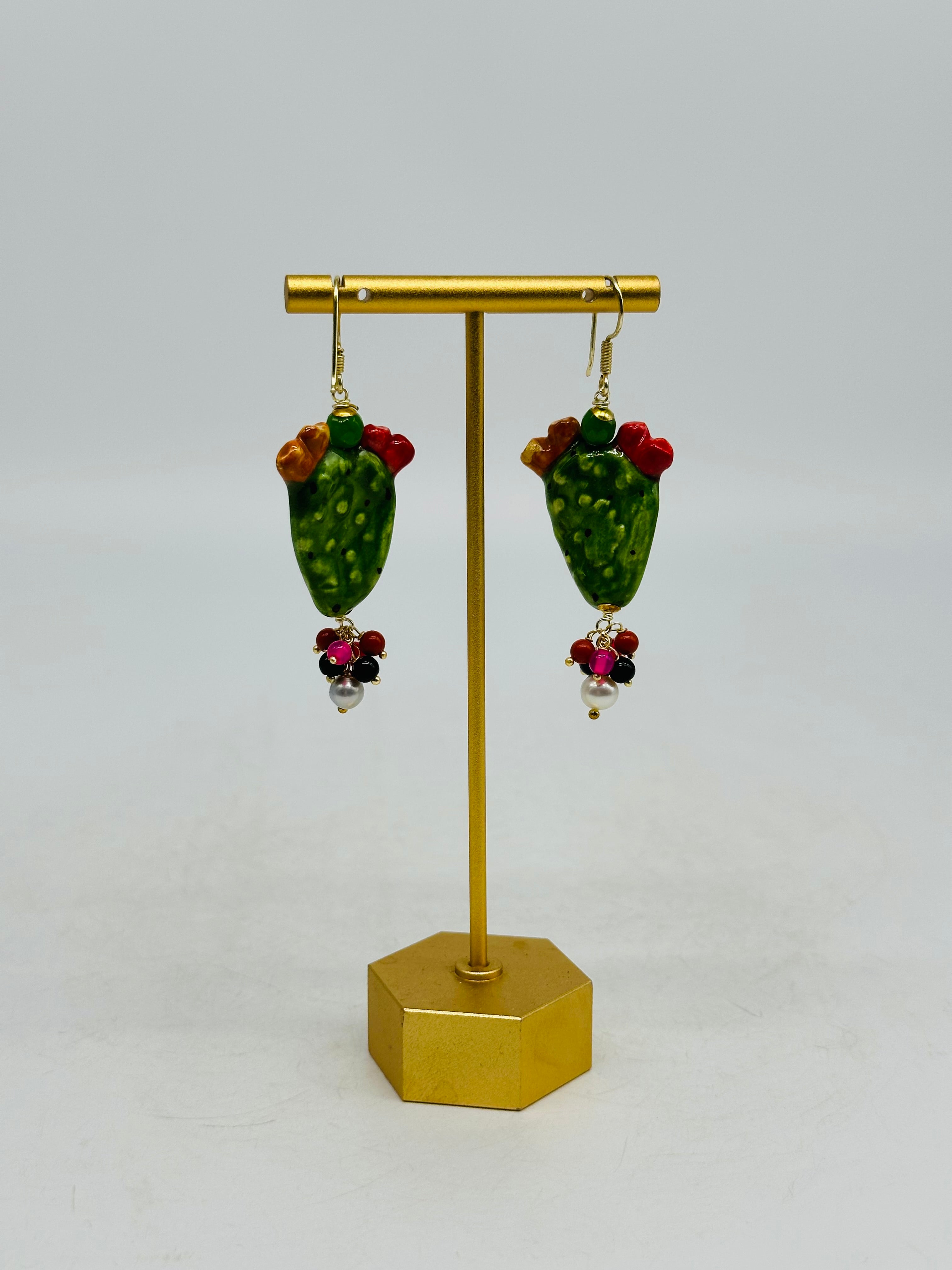 Orecchini Artigianali Fichi d’India in Ceramica di Caltagirone pietre varie V.1 - ORECCHINI