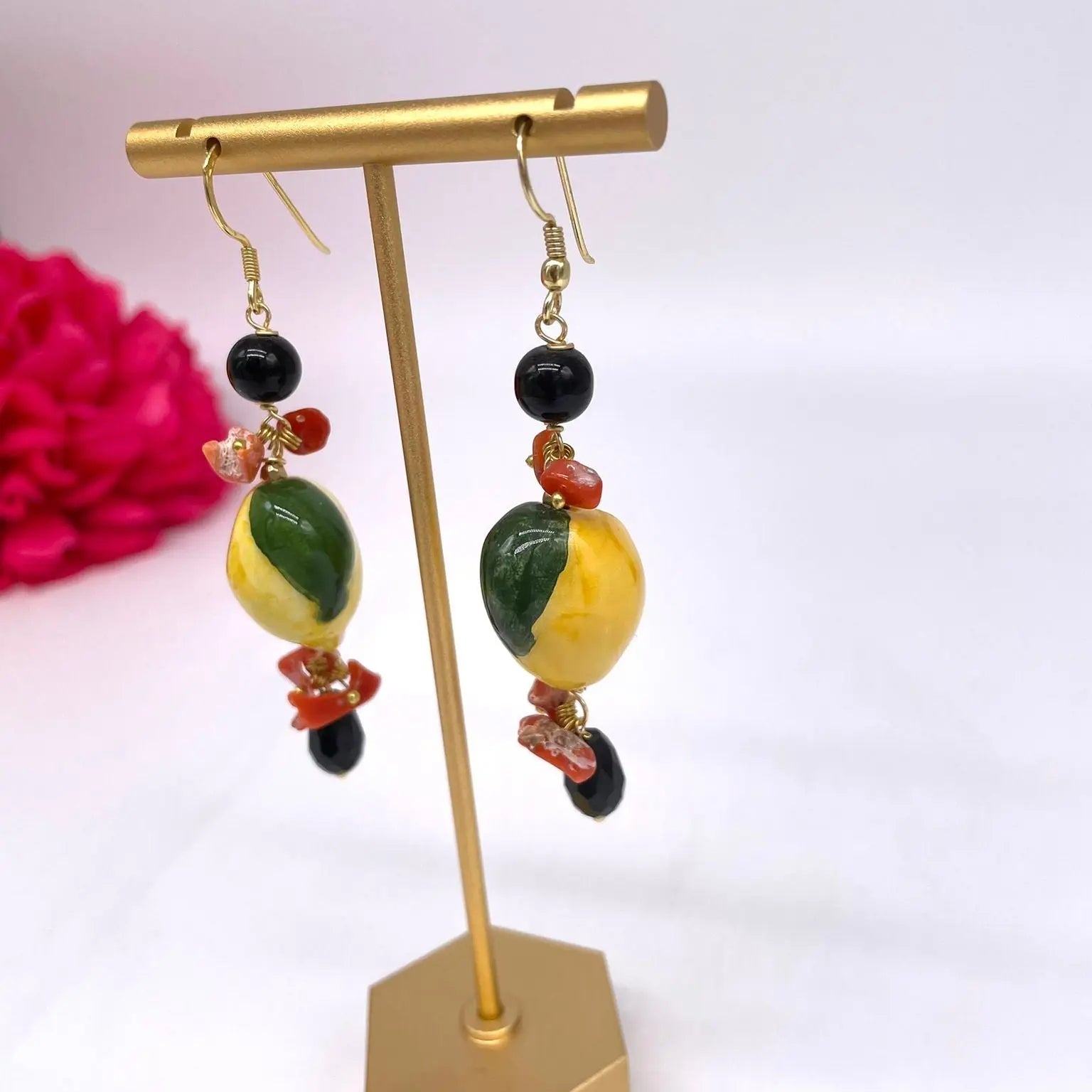 Orecchini Artigianali Limoni in Ceramica di Caltagirone, pietre e corallo - DD CERAMICHE SICILIANE