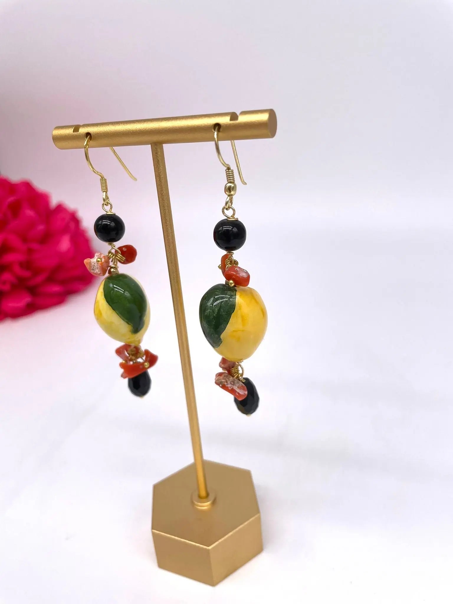 Orecchini Artigianali Limoni in Ceramica di Caltagirone, pietre e corallo - DD CERAMICHE SICILIANE