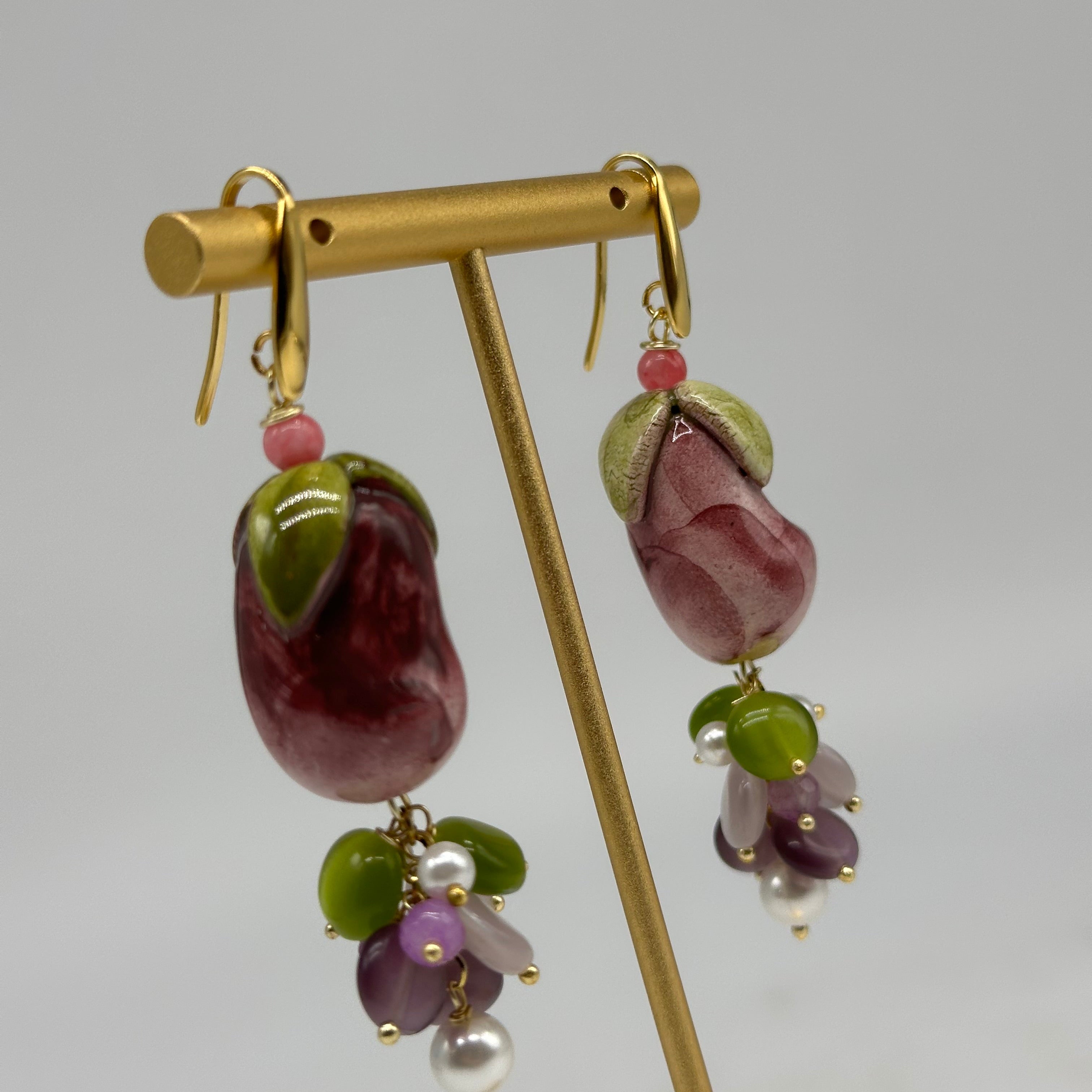 Orecchini Artigianali Melanzane Ceramica di Caltagirone pietre varie - ORECCHINI