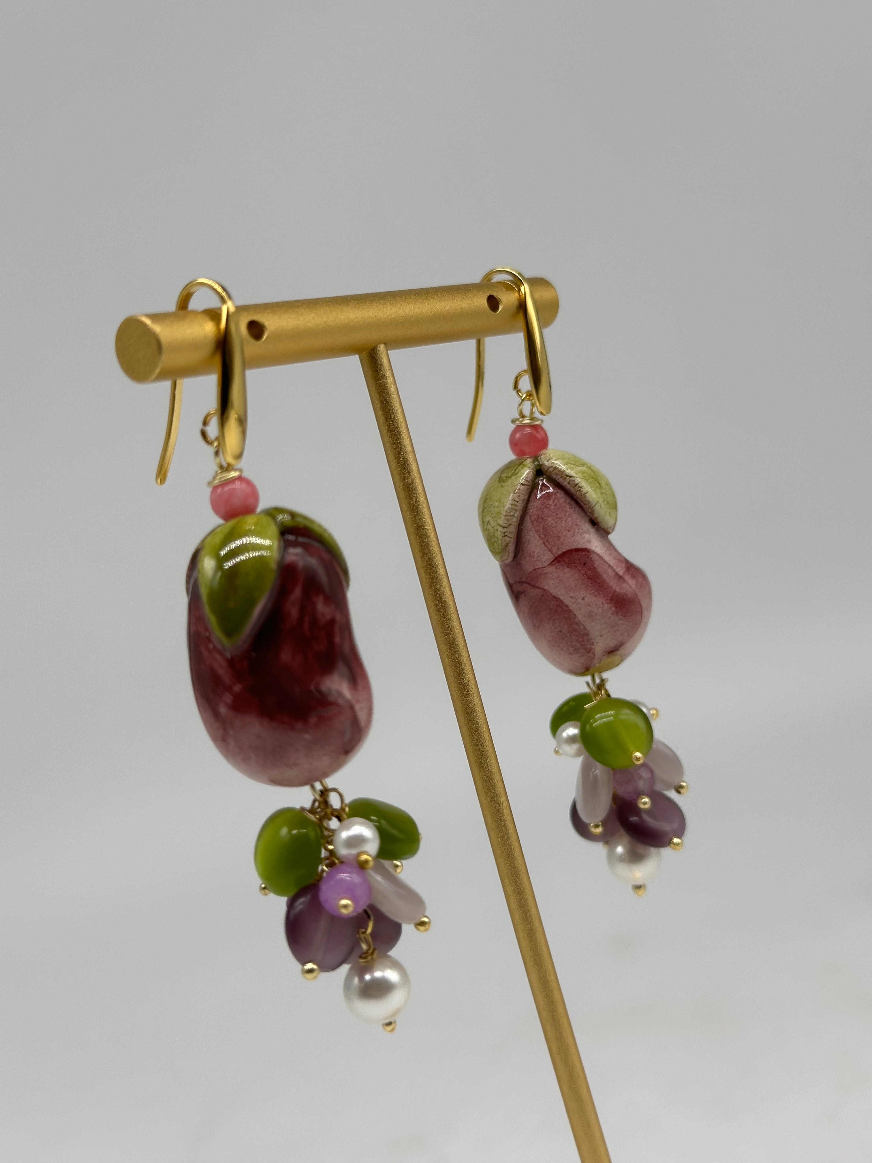 Orecchini Artigianali Melanzane Ceramica di Caltagirone pietre varie - ORECCHINI