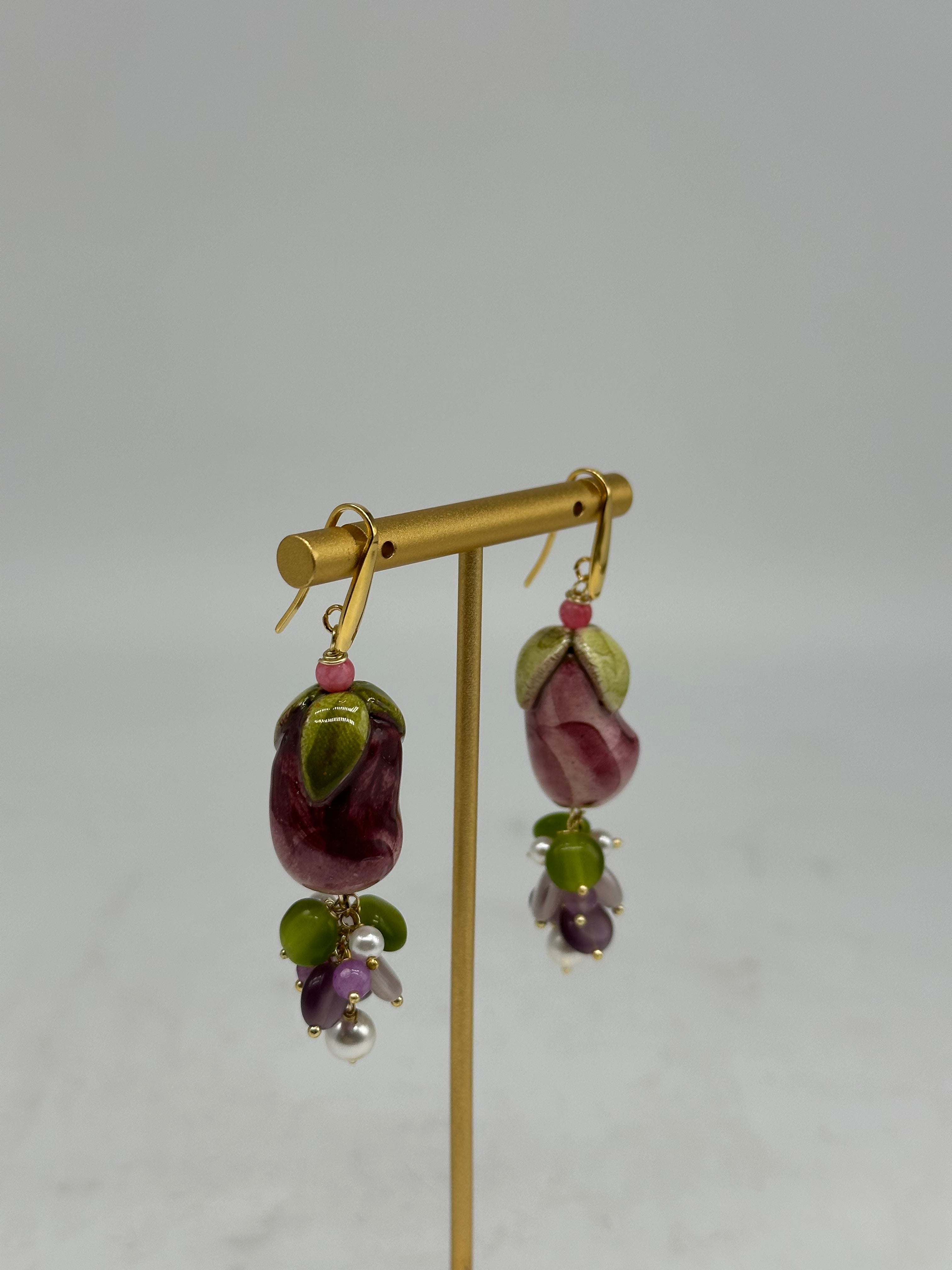 Orecchini Artigianali Melanzane Ceramica di Caltagirone pietre varie - ORECCHINI