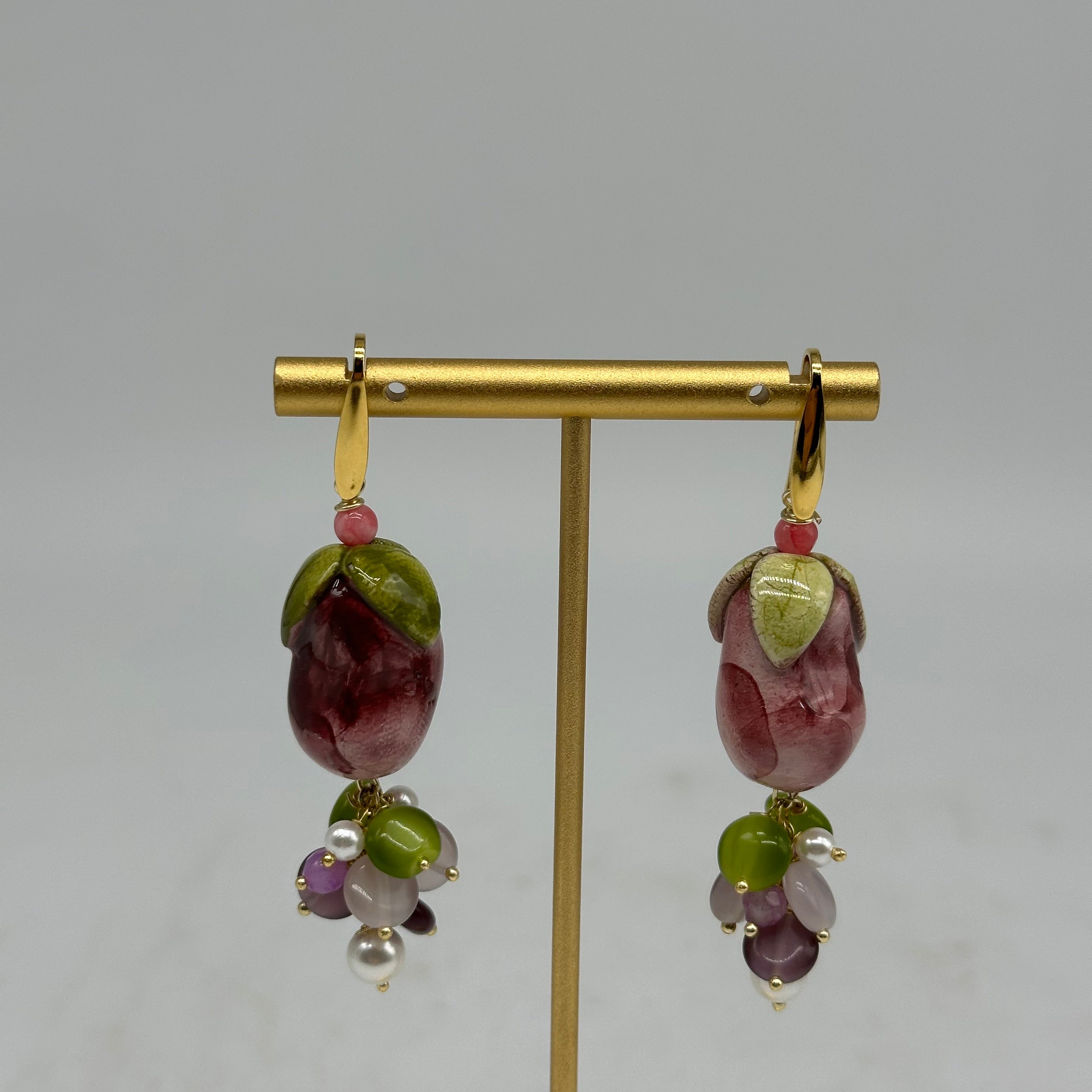 Orecchini Artigianali Melanzane Ceramica di Caltagirone pietre varie - ORECCHINI