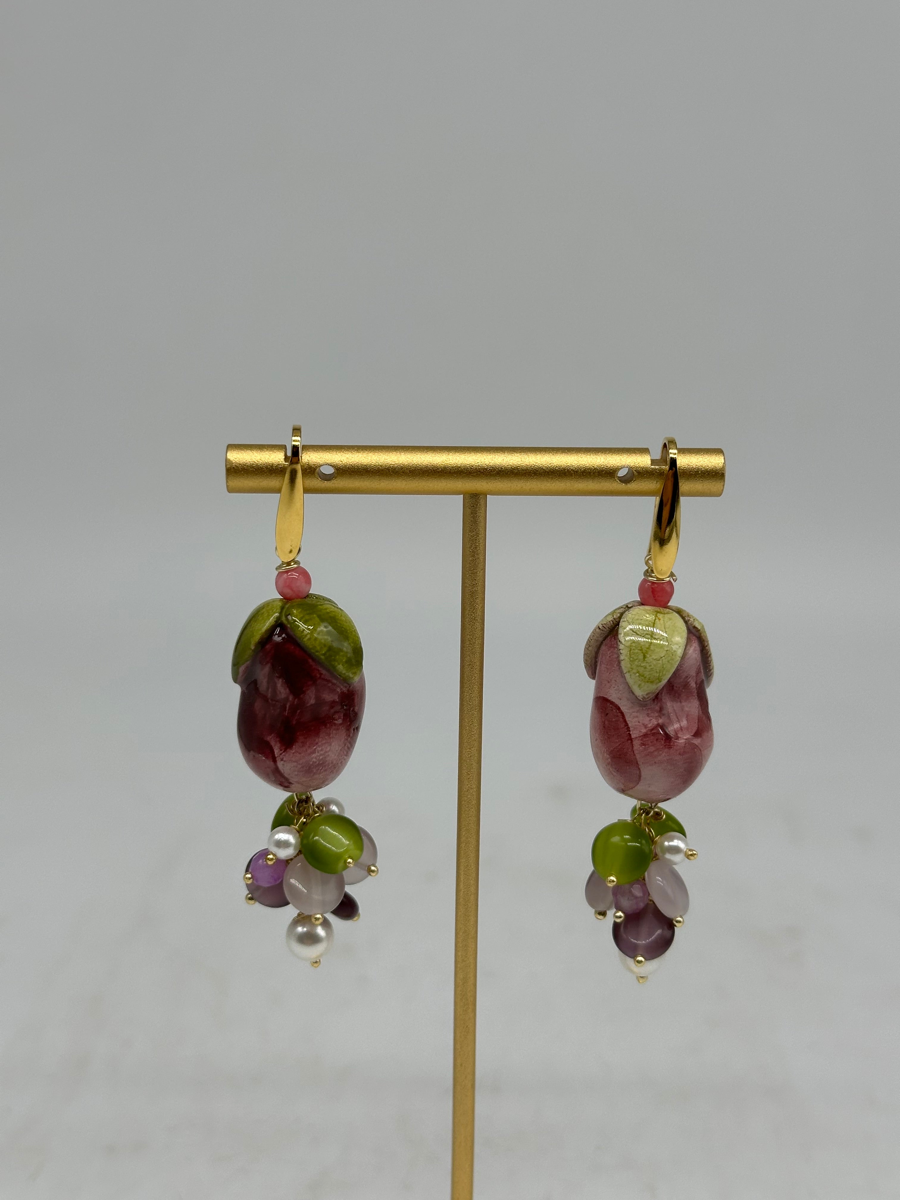 Orecchini Artigianali Melanzane Ceramica di Caltagirone pietre varie - ORECCHINI