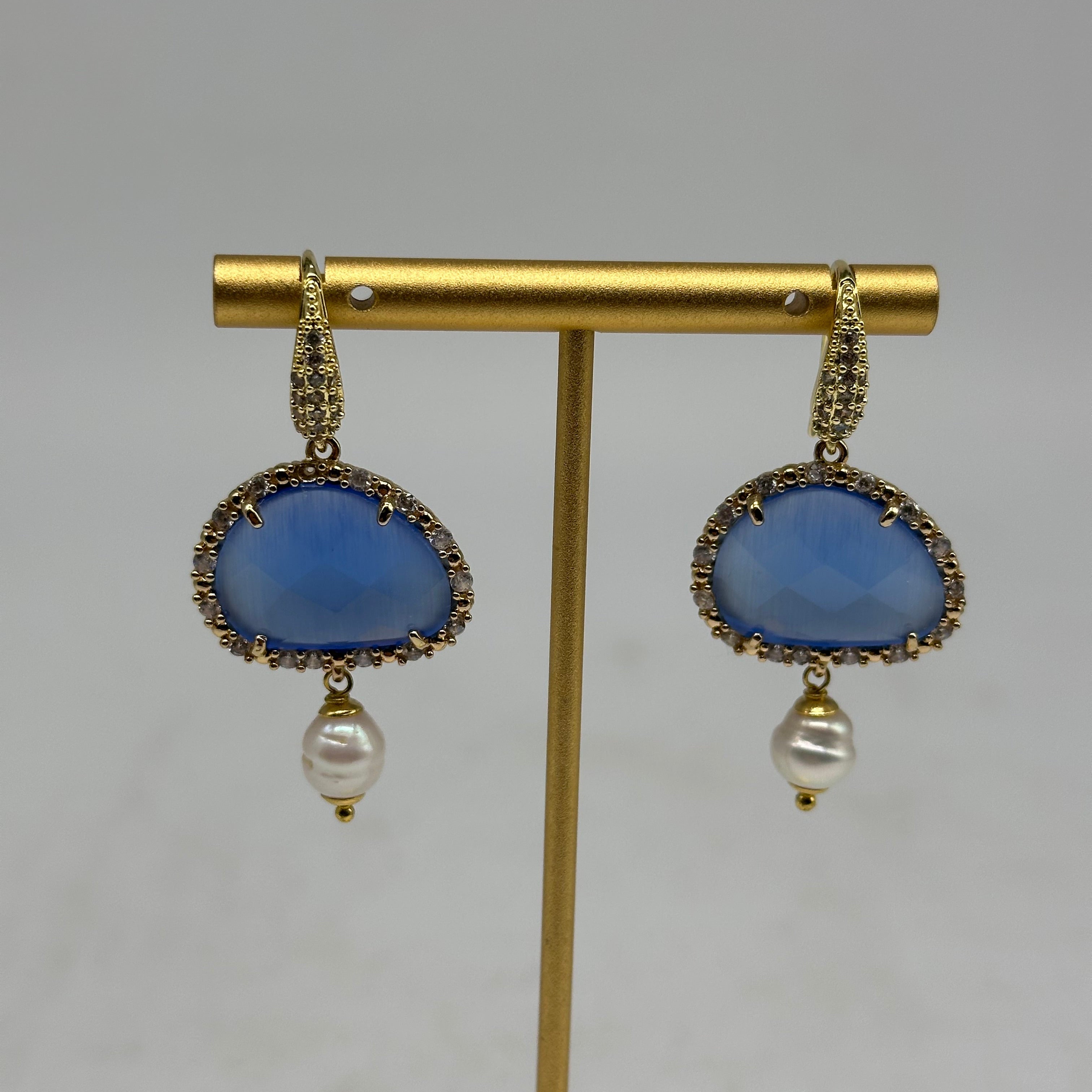 Orecchini Artigianali Smeraldi Blu Pietra e Brillantini - ORECCHINI