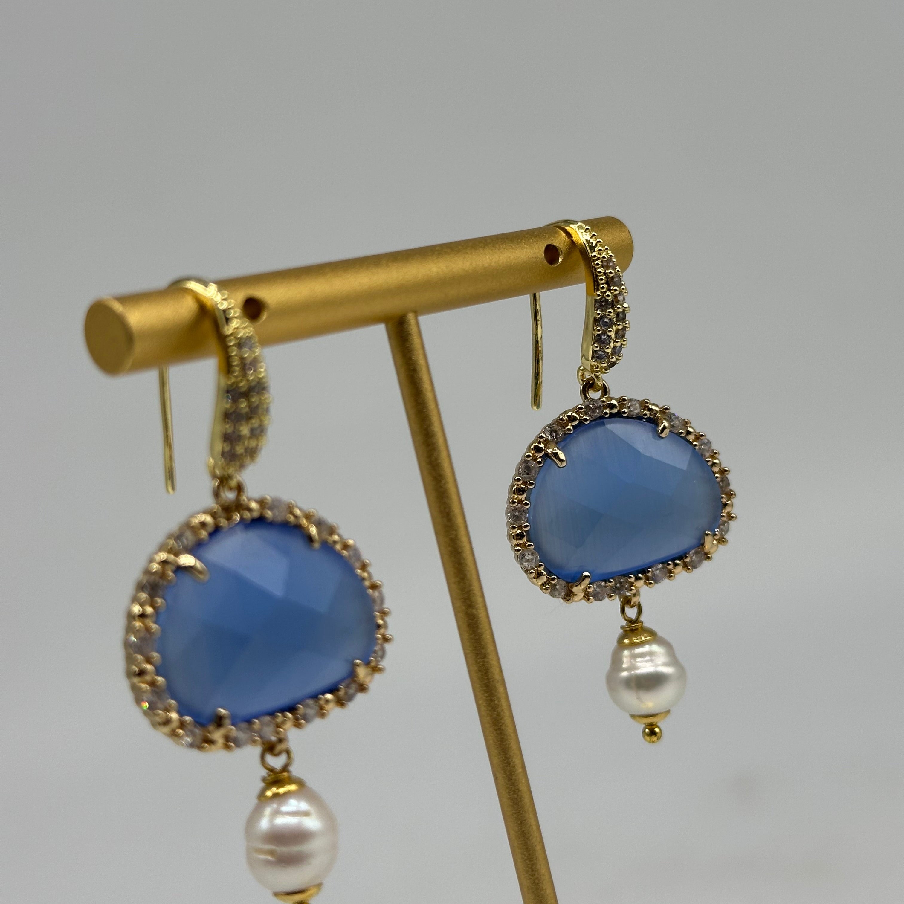 Orecchini Artigianali Smeraldi Blu Pietra e Brillantini - ORECCHINI