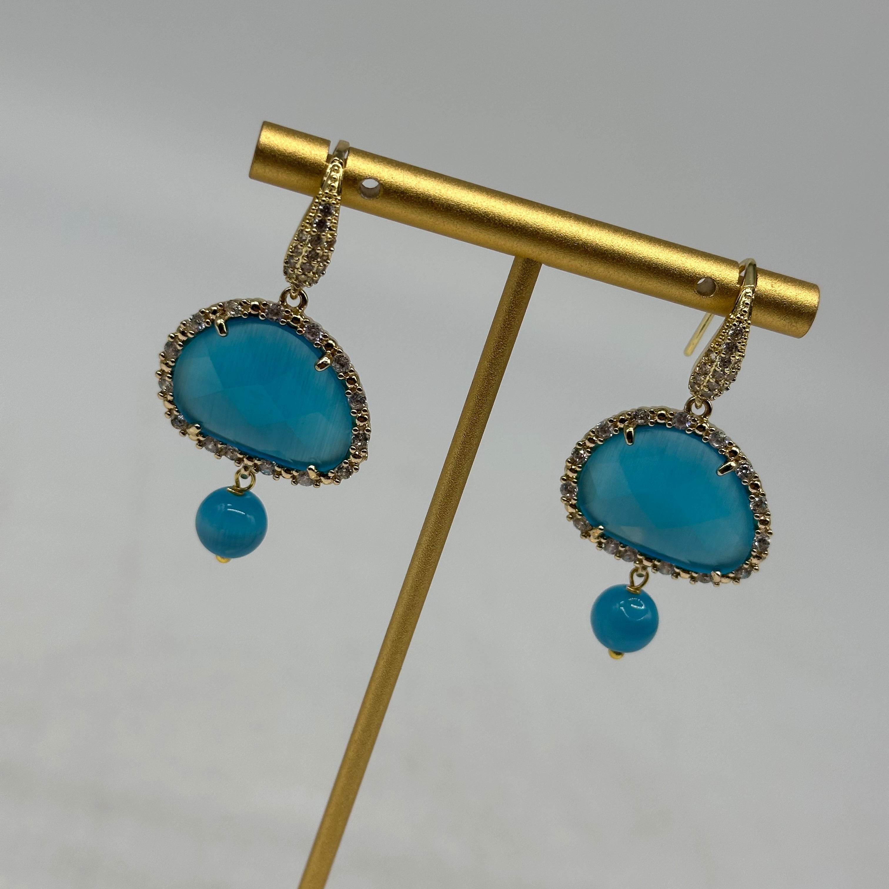 Orecchini Artigianali Smeraldi Celeste Pietra e Brillantini - BIJOUX