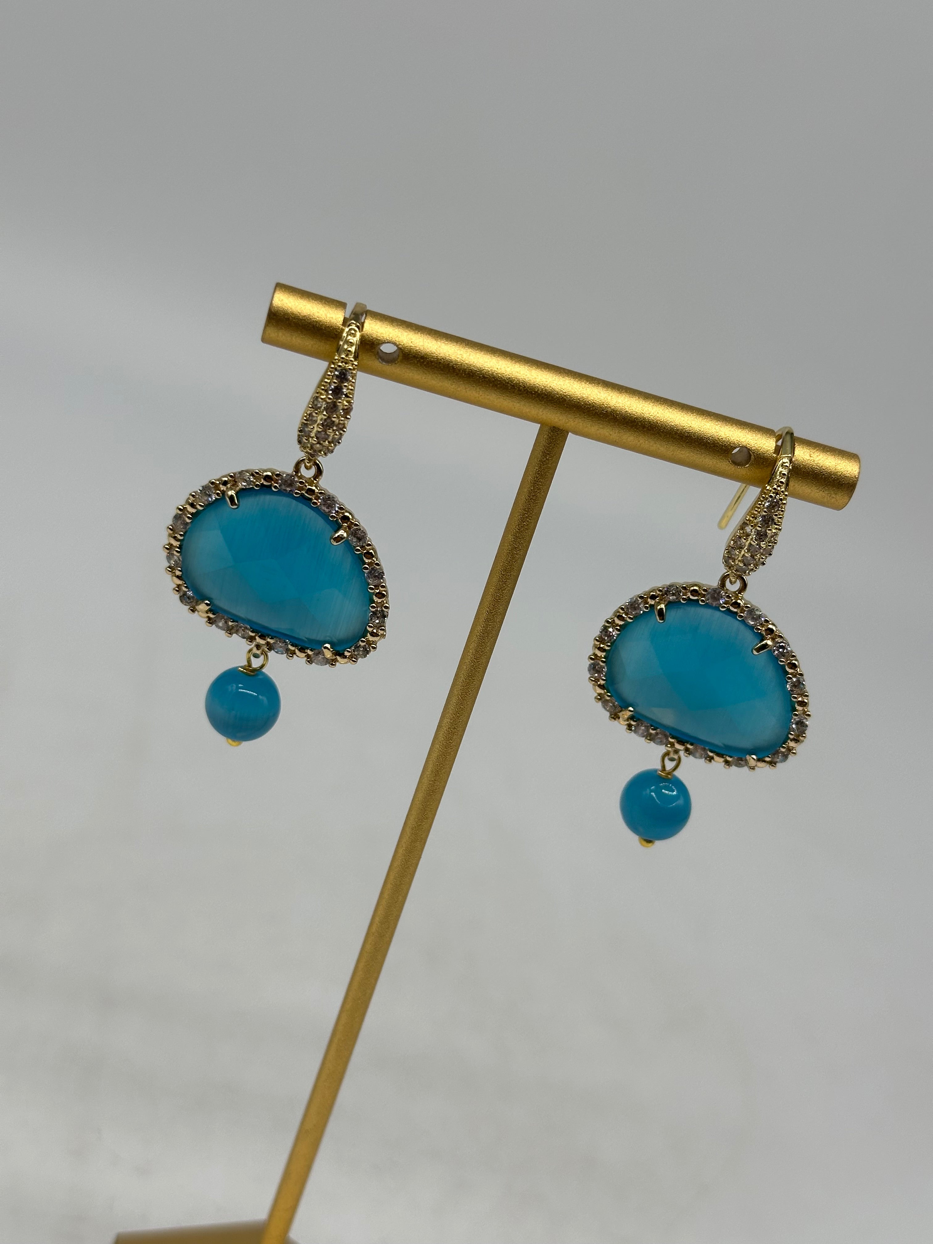 Orecchini Artigianali Smeraldi Celeste Pietra e Brillantini - BIJOUX