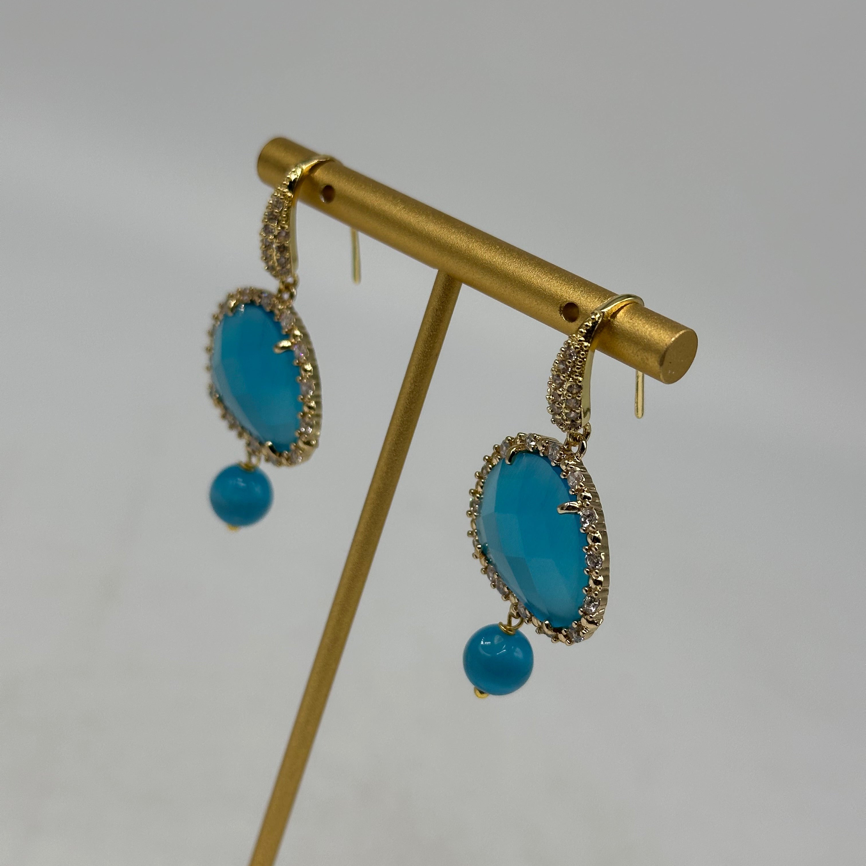 Orecchini Artigianali Smeraldi Celeste Pietra e Brillantini - BIJOUX