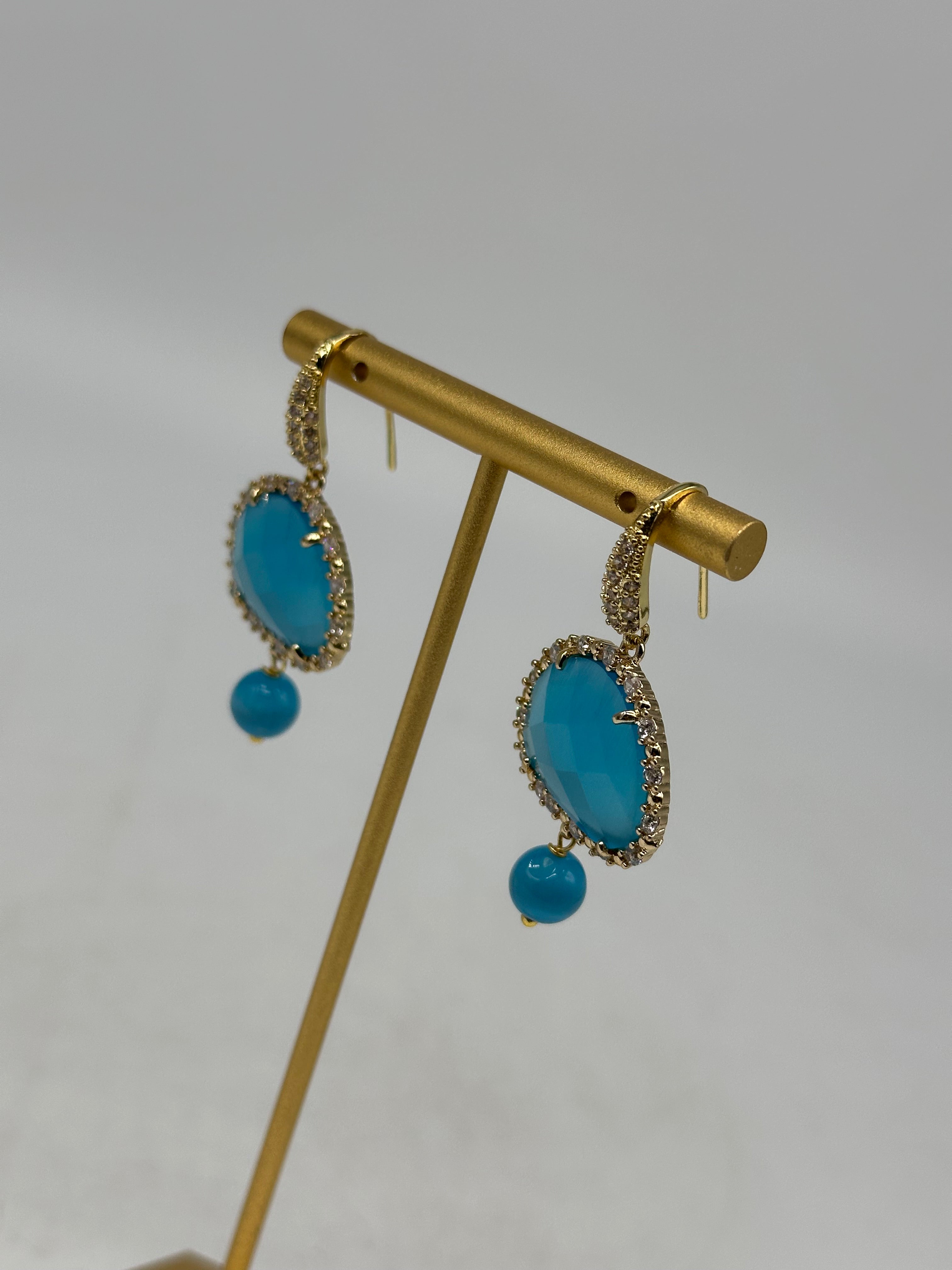 Orecchini Artigianali Smeraldi Celeste Pietra e Brillantini - BIJOUX