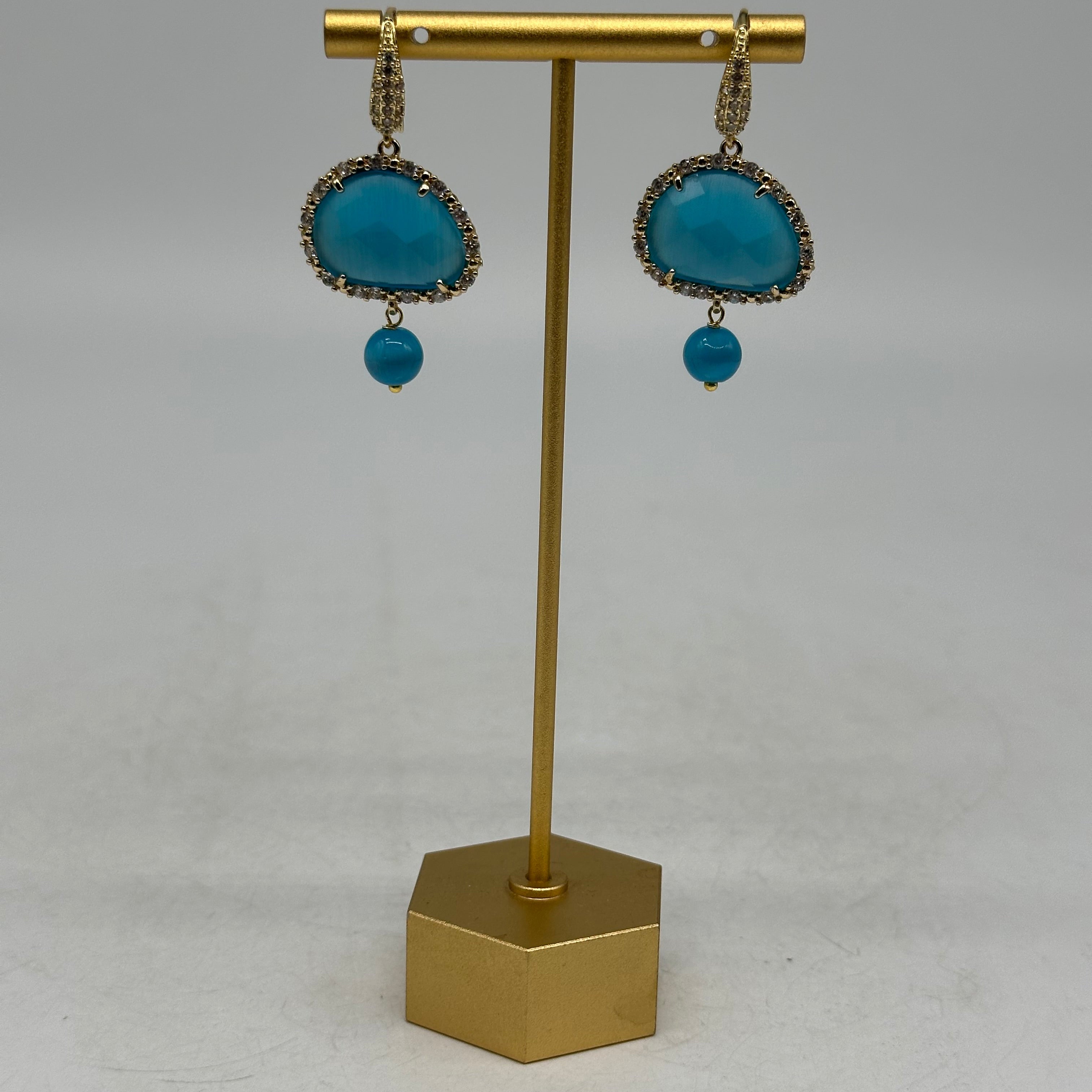 Orecchini Artigianali Smeraldi Celeste Pietra e Brillantini - BIJOUX