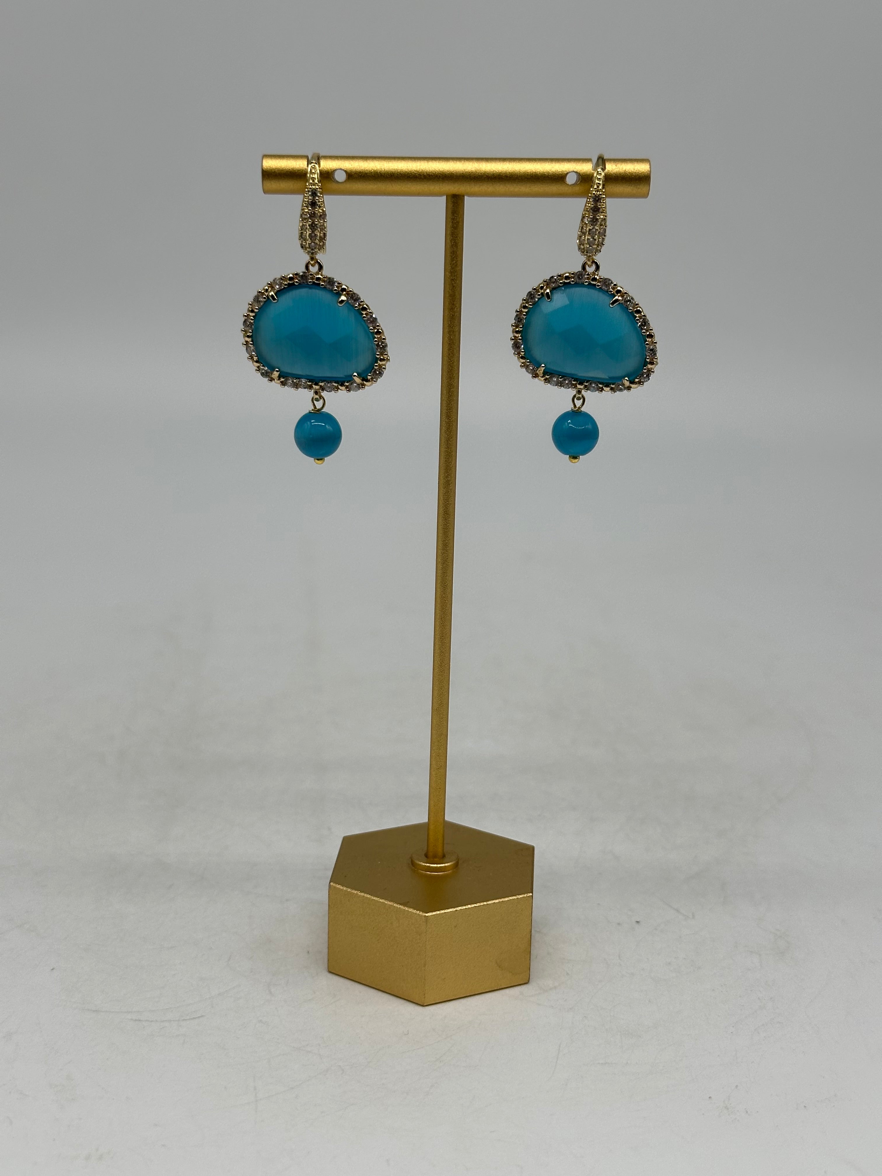 Orecchini Artigianali Smeraldi Celeste Pietra e Brillantini - BIJOUX