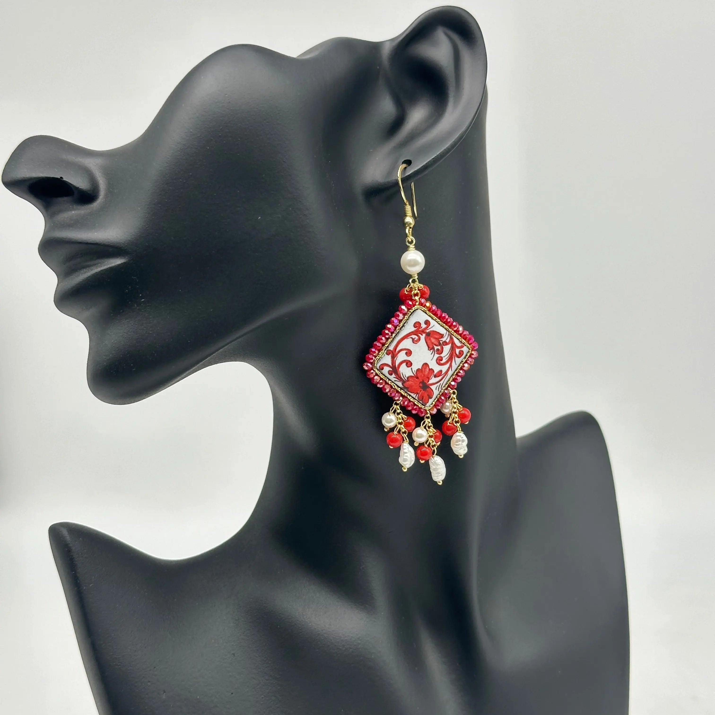 Orecchini Piastrella Ceramica di Caltagirone, cornice Rossa V.4 DD Ceramiche Siciliane