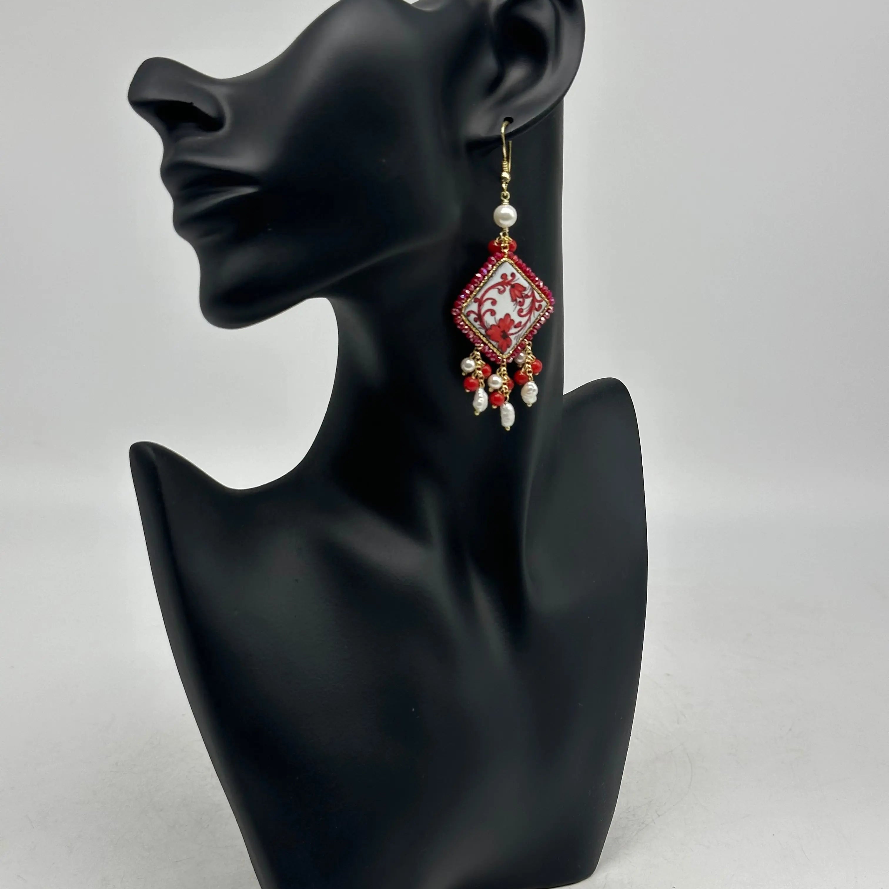 Orecchini Piastrella Ceramica di Caltagirone, cornice Rossa V.4 DD Ceramiche Siciliane