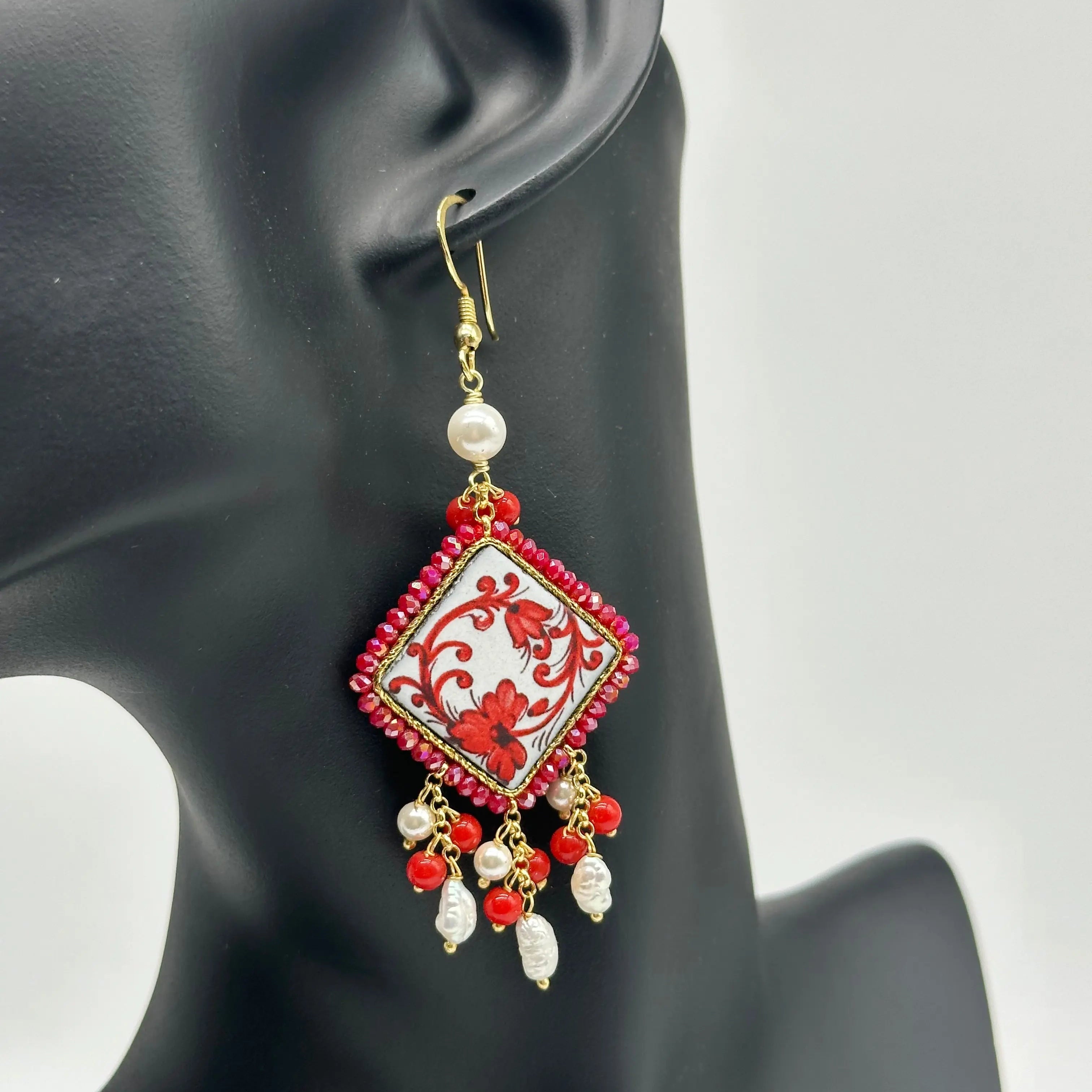 Orecchini Piastrella Ceramica di Caltagirone, cornice Rossa V.4 DD Ceramiche Siciliane